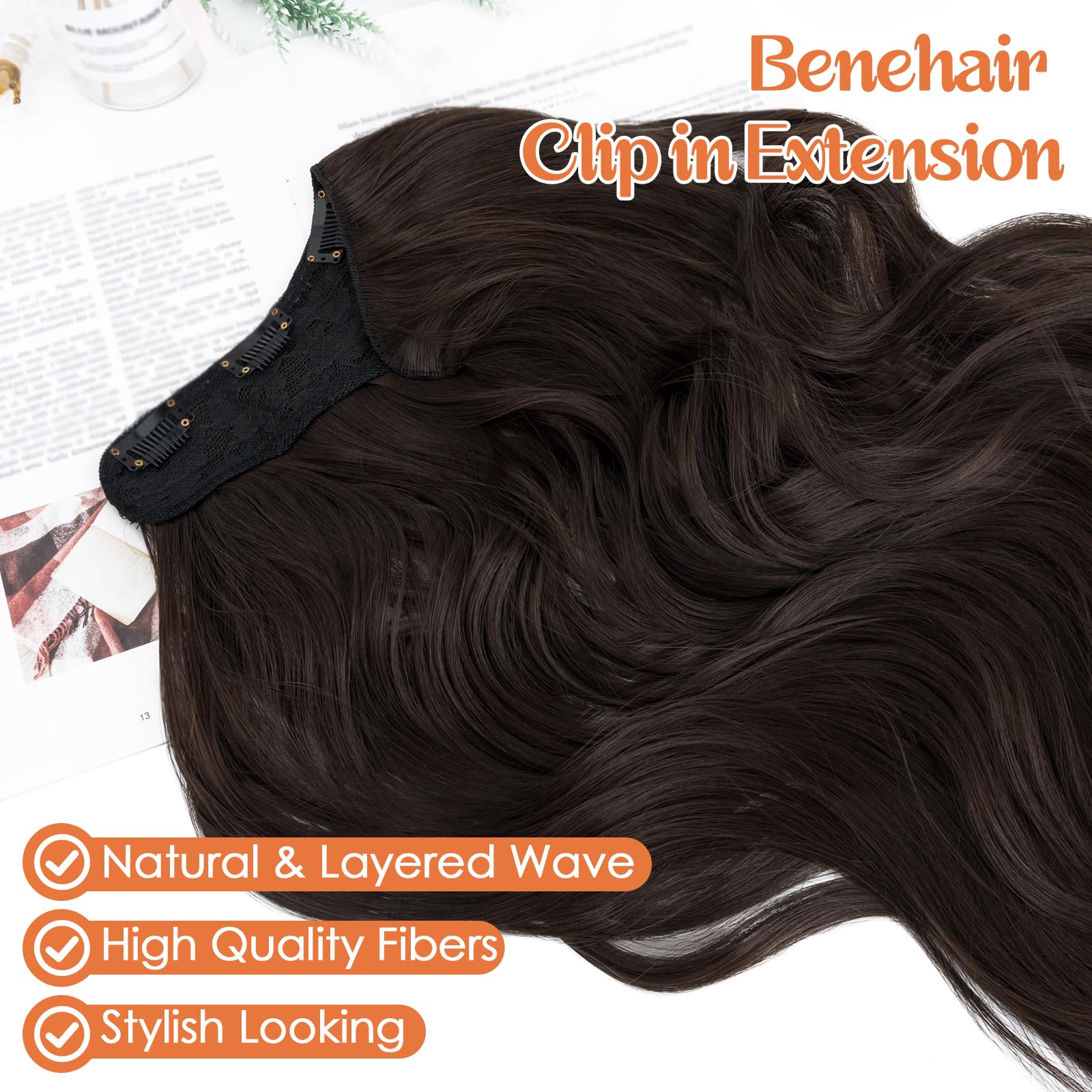 Benehair 18 Inch Clip in Hair Extensions Long Curly Wave Clips in One Piece 5 Clips Extensions Synthetic Fiber Full Head Natural Looking Hair Piece for Women(Dark Brown - Image 4