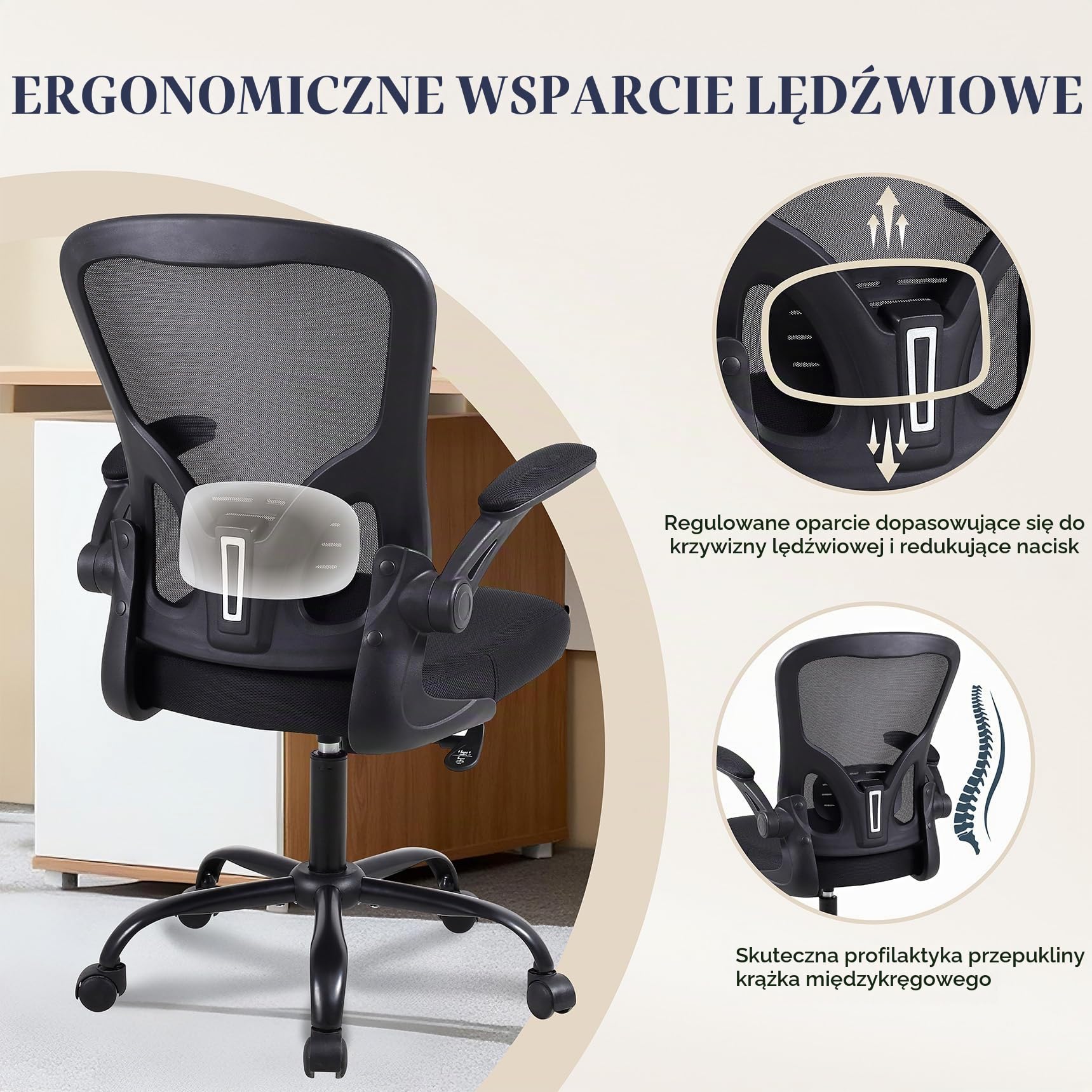 Youhauchair Krzesło biurowe, oddychające obrotowe krzesło biurowe, ergonomiczne krzesło biurowe, krzesło komputerowe z podnoszonymi podłokietnikami, czarne