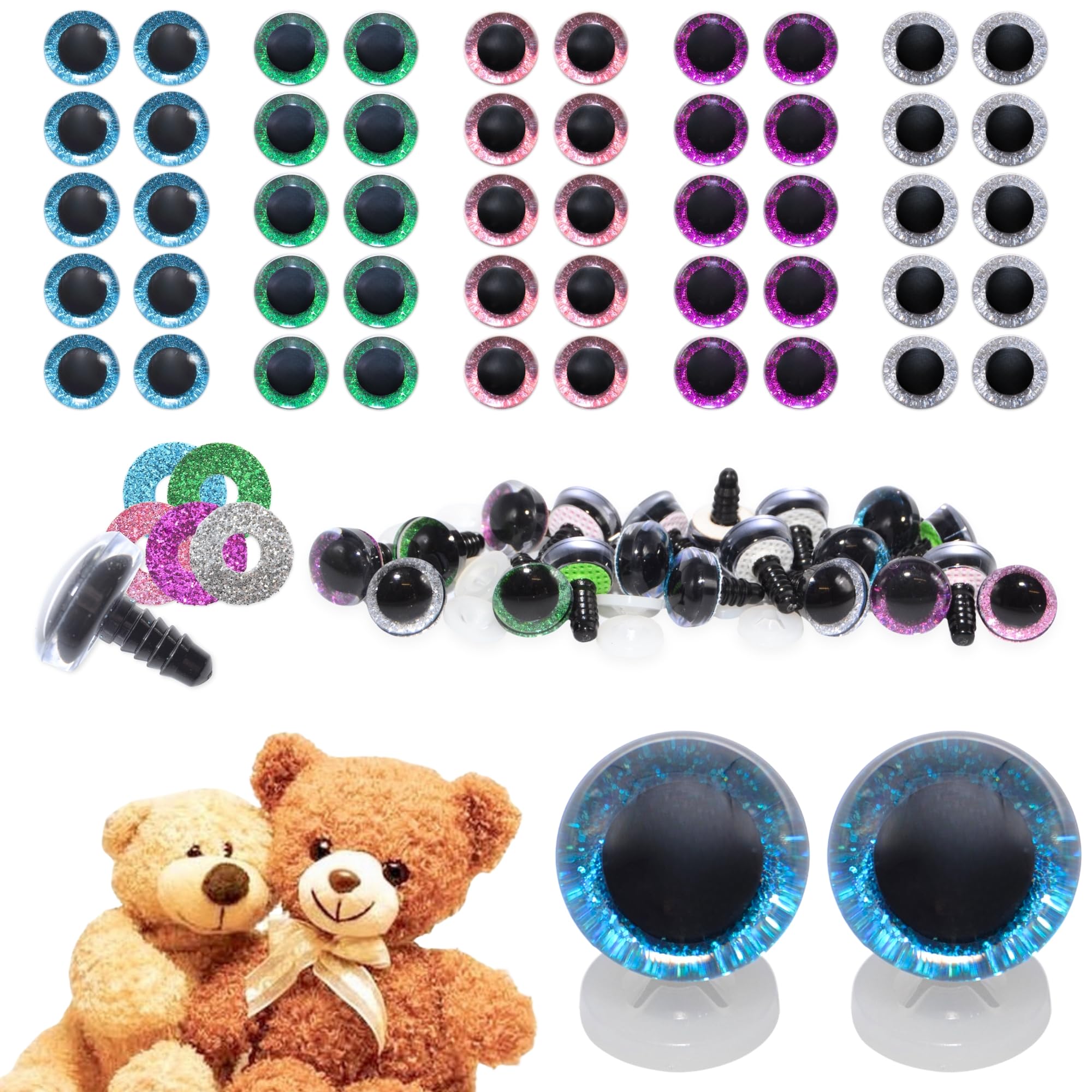 celloexpress 16mm Mix 1 3D Glitter Eyes with Plastic Backs - Sparkle Safety Eyes for Soft Toy Teddy Bear Animal Making (Pack of 25 Pairs)