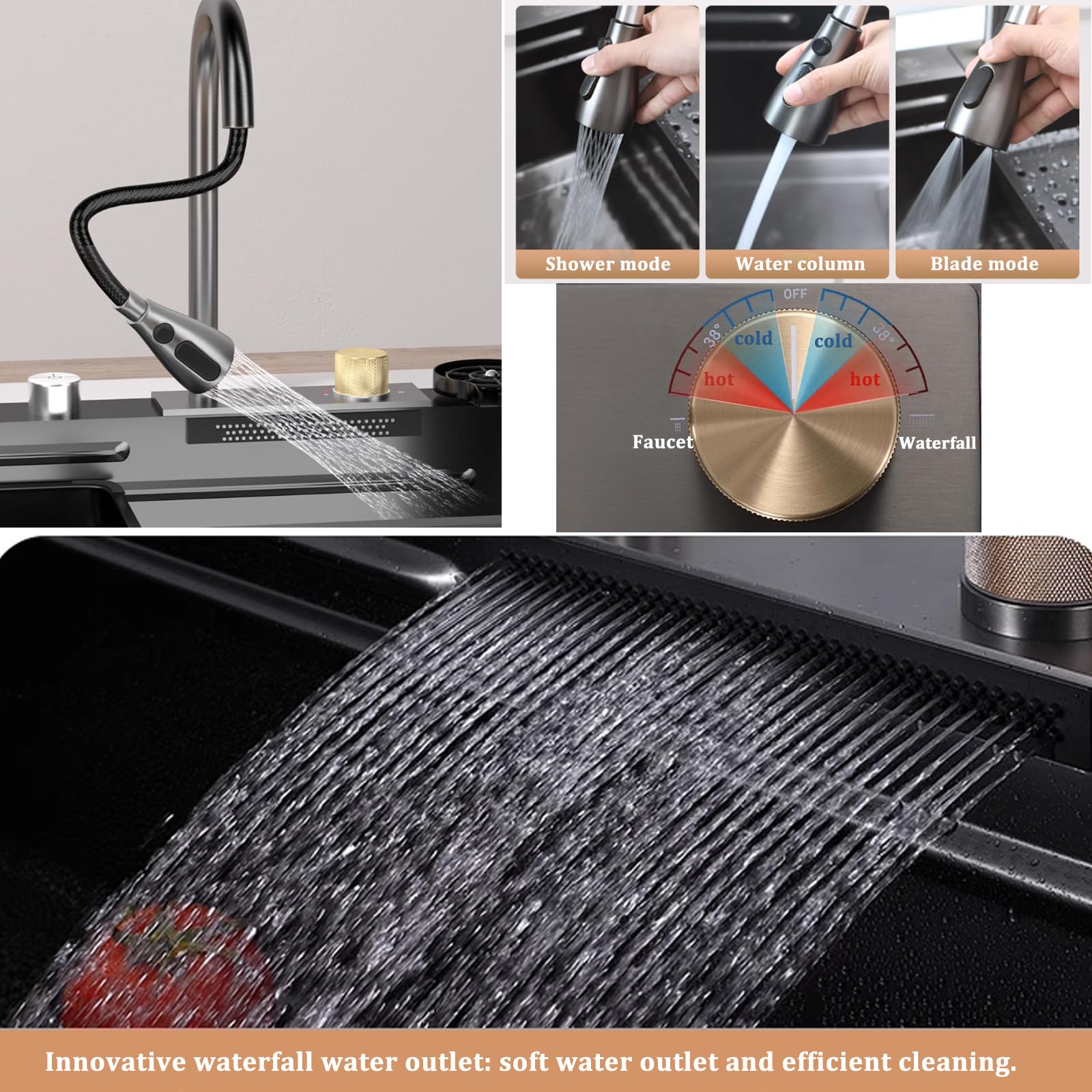 Fregadero de Cocina Moderno de Acero Inoxidable de 80x45x22 cm, monocubo, para instalación bajo encimera, Acabado Negro Cepillado, desagüe con Rejilla. Incluye arandela para Vasos