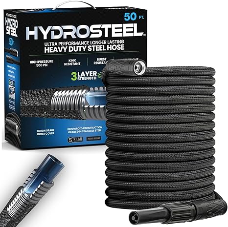 Hydrosteel 50 Ft Garden Hose, 304 Stainless Steel Metal Water Hose 50Ft, Ultra Durable Flexible Lightweight Crush Resistant Fittings Kink & Tangle Free 5/8” Inner Diameter, 500 PSI AS SEEN ON TV