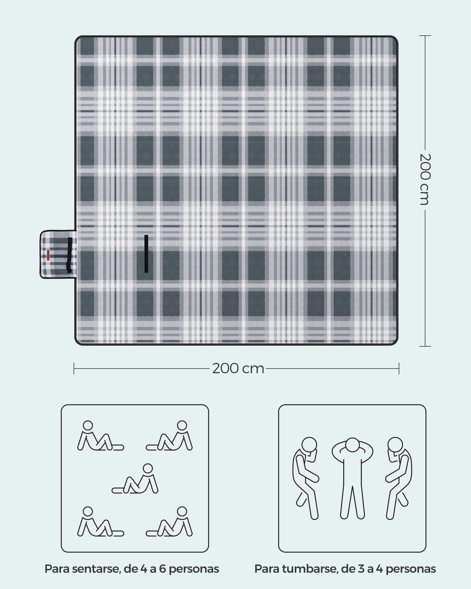 SONGMICS Manta de Picnic, 200 x 200 cm, Manta de Camping Grande, para Parque, Jardín, Exterior, Playa, Impermeable, Plegable, Gris y Blanco GCM61GW