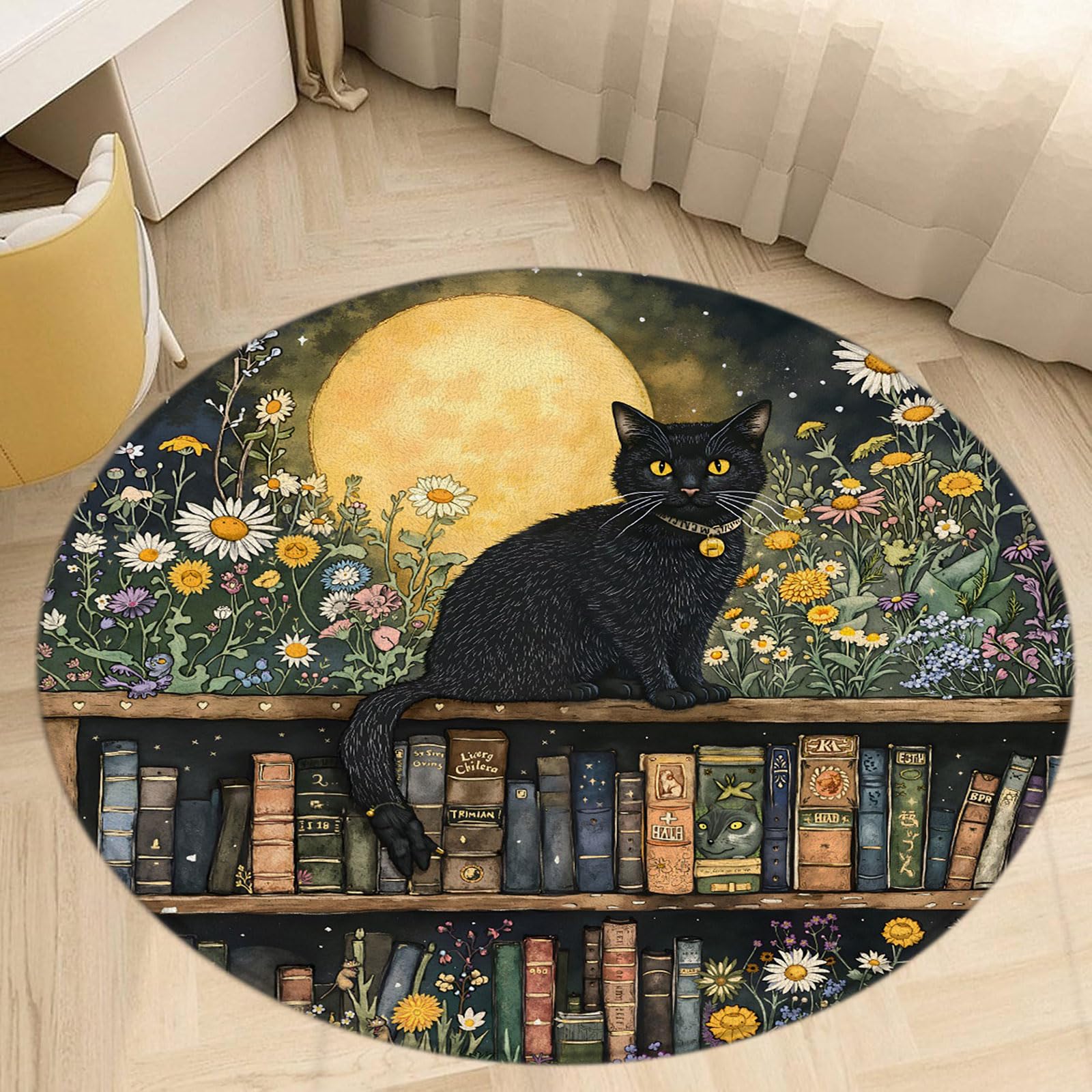 Gothic Black Cat Round Area Rug Antique Bookshelf Dark Night Moon Wildflowers Wooden Bookcase Farmhouse Animal Circle Rug Non Slip Mat for Studyroom