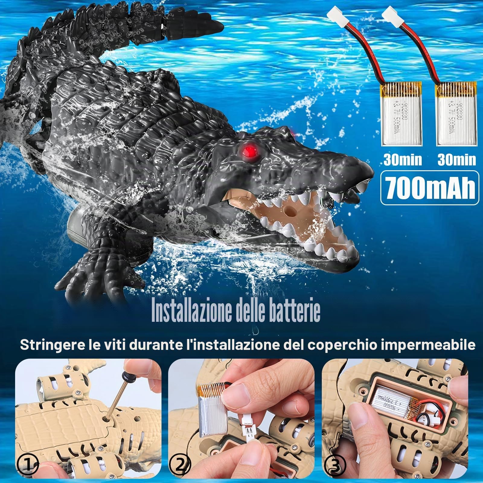 Barca Telecomandata RC Coccodrillo, Giocattolo Acquatico Telecomandato con luce LED e Doppio Eliche, 700mAh Doppia batteria, RC Giocattoli da piscina per 3+ Ragazzi e ragazze