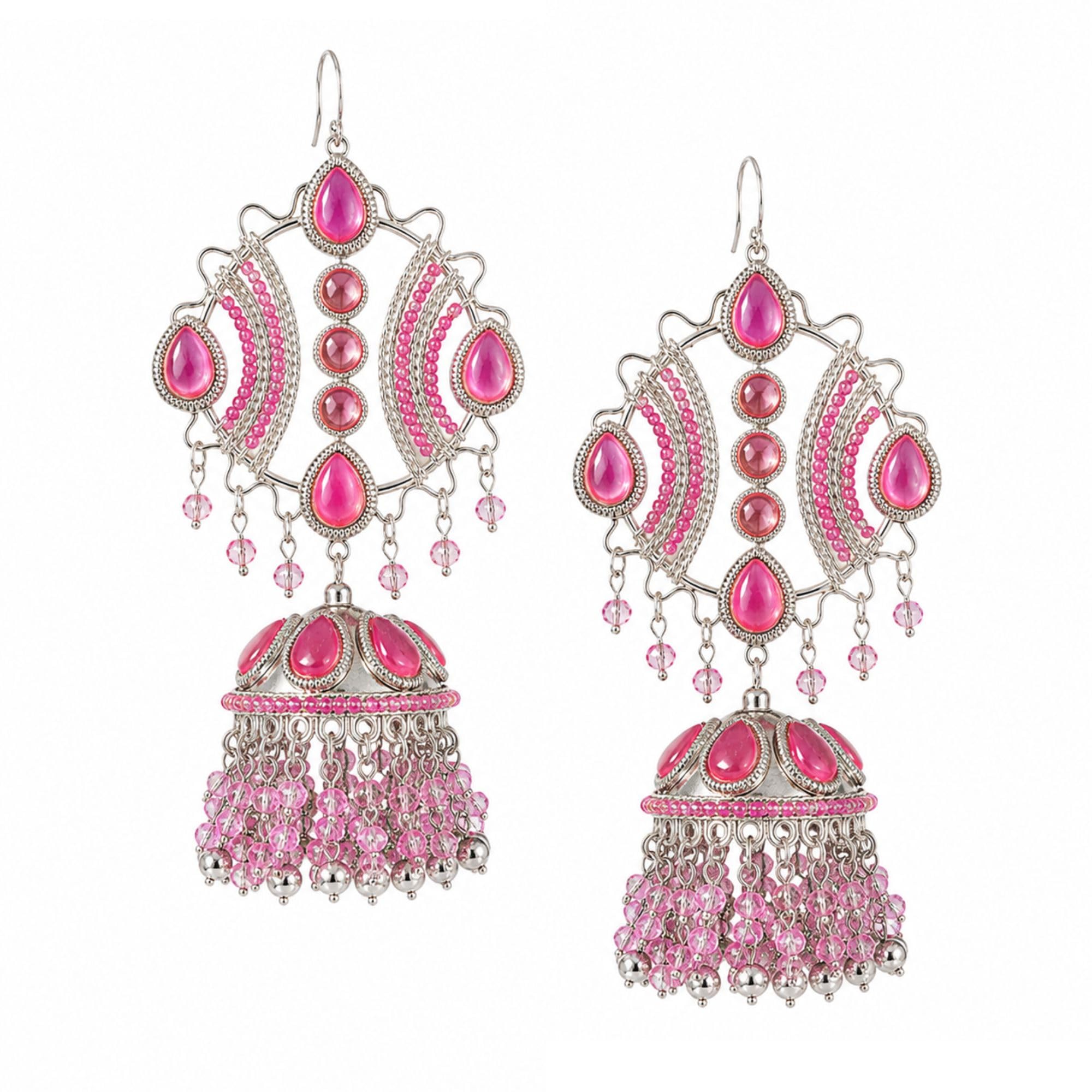 unfoldself Vintage Silver Bollywood Viral Jhumka Earrings | Maula Mere Maula Jhumka Earrings | Statement Ethnic Earrings with Pink Crystal Beads | Oxidised Famous Jewellery for Women & Girls-picture-1