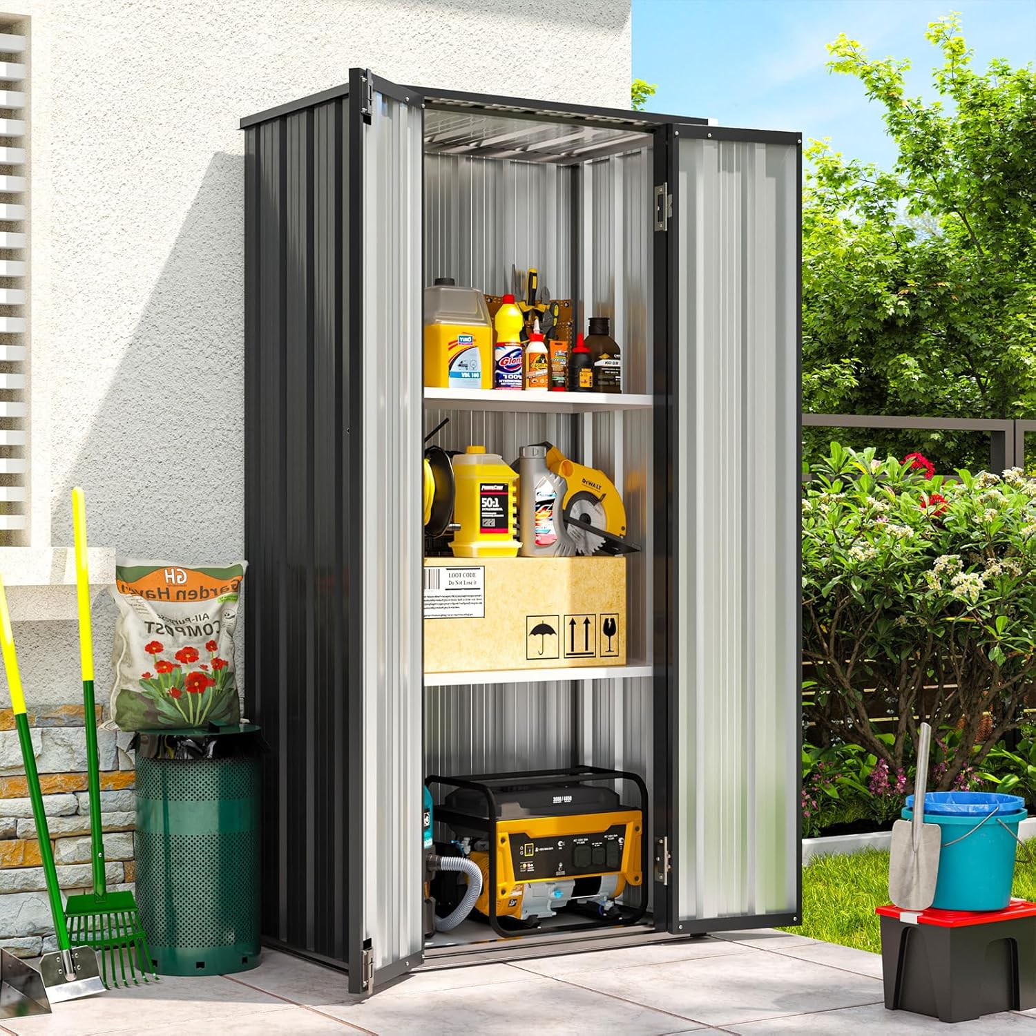 Aoxun 31×19 in Outdoor Storage Cabinet Metal Garden Shed with 2 Adjustable Shelves 3 Layer Indoor& Outdoor Waterproof Vertical Storage Shed for Patio Garden, Garage, Porch (Black, 22 Cu.Ft)