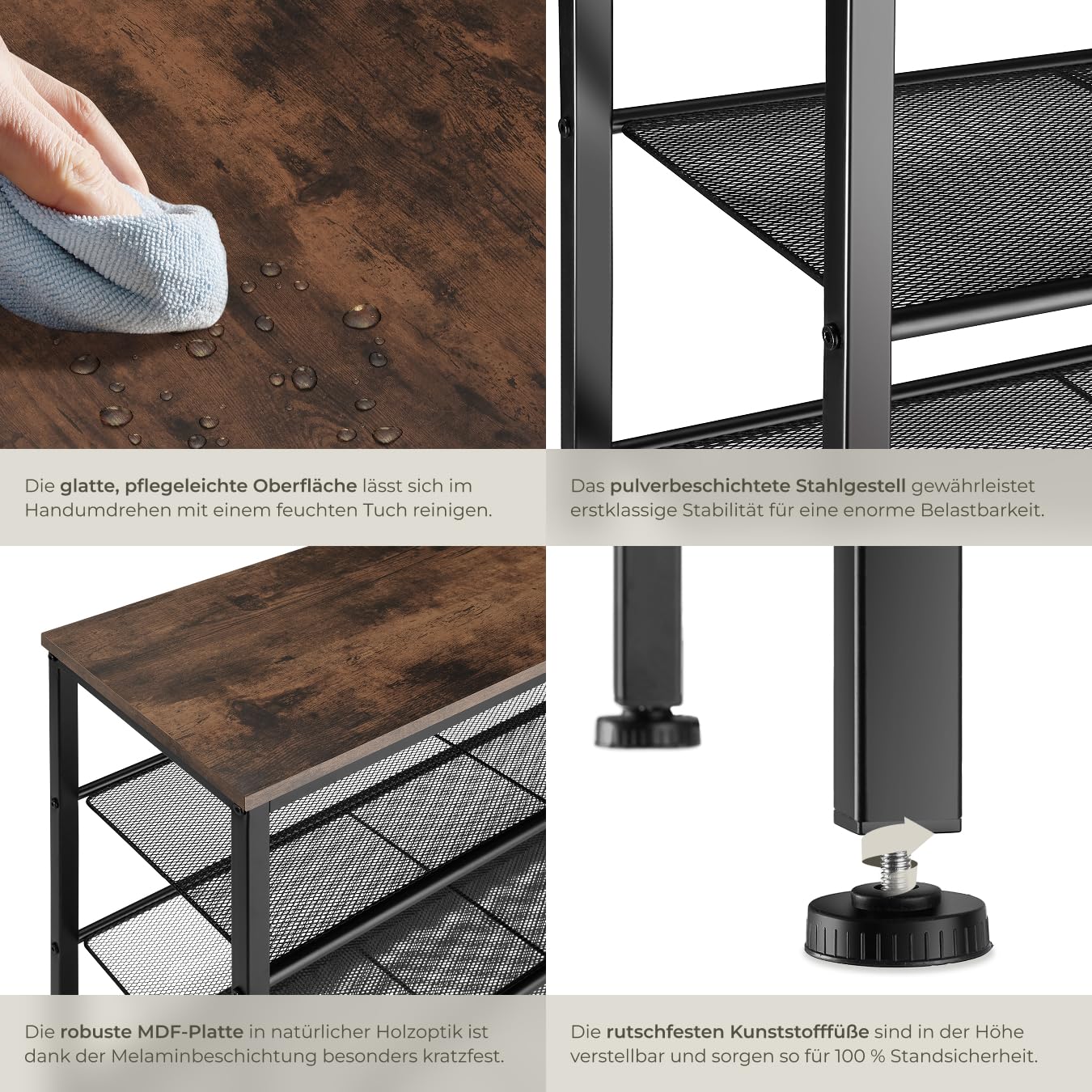 tectake 800955 Schuhregal schmal mit Ablagefläche, Schuhablage aus Holz Metall, Industrie-Design, 4 Ebenen mit 3 Gitterablagen, 80,5 x 30,5 x 72,5cm, schwarzes Metallgestell (Dunkelbraun | Nr. 404293)