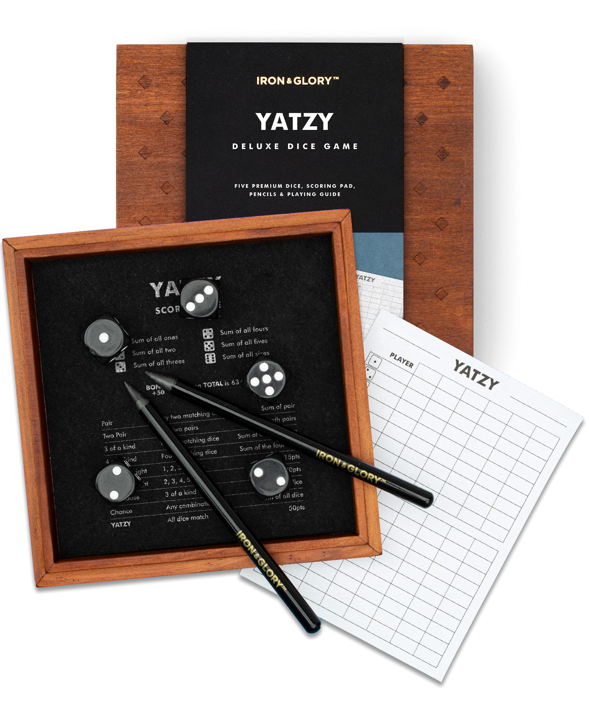 Iron & Glory - Giochi di dadi Yatzy | Giochi da tavolo in legno per la notte in famiglia | Decorazione per tavolini | Giochi da tavolo per famiglie per serate di giochi | Giochi per 4 giocatori e