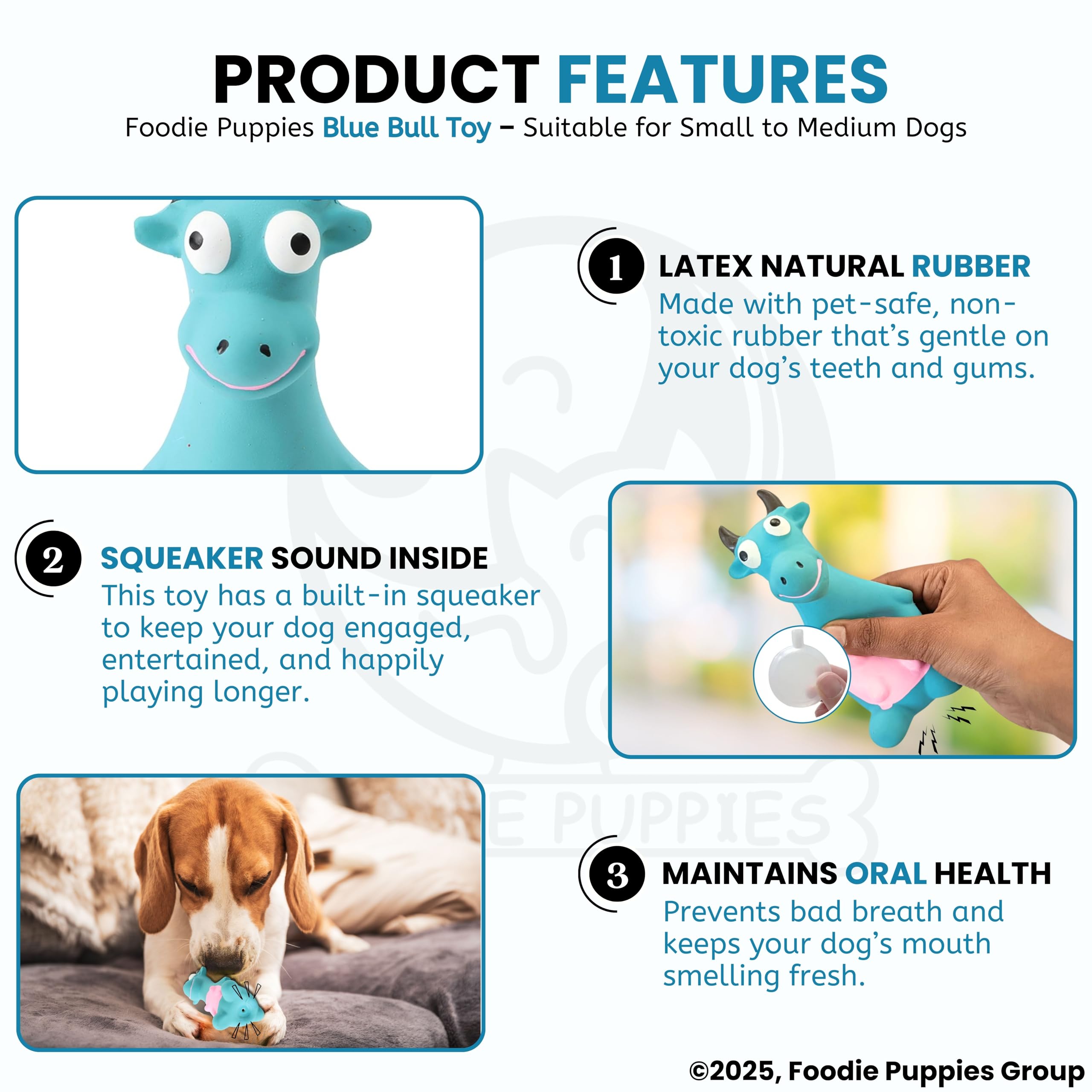 Foodie Puppies Natural Latex Rubber Squeaky (Blue Bull) Dog Toy | Small to Medium Dogs & Puppies | Durable, Animal Design, Fetch & Chew Safe Play Toy | Reduce Separation Anxiety 2