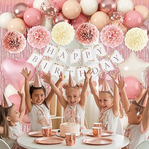 Miniatura 6 de Decoraciones de cumpleaños rosas para mujer, globos de látex bohemios, rosa polvoriento, oro rosa, rubor, beige, pancarta de feliz cumpleaños,