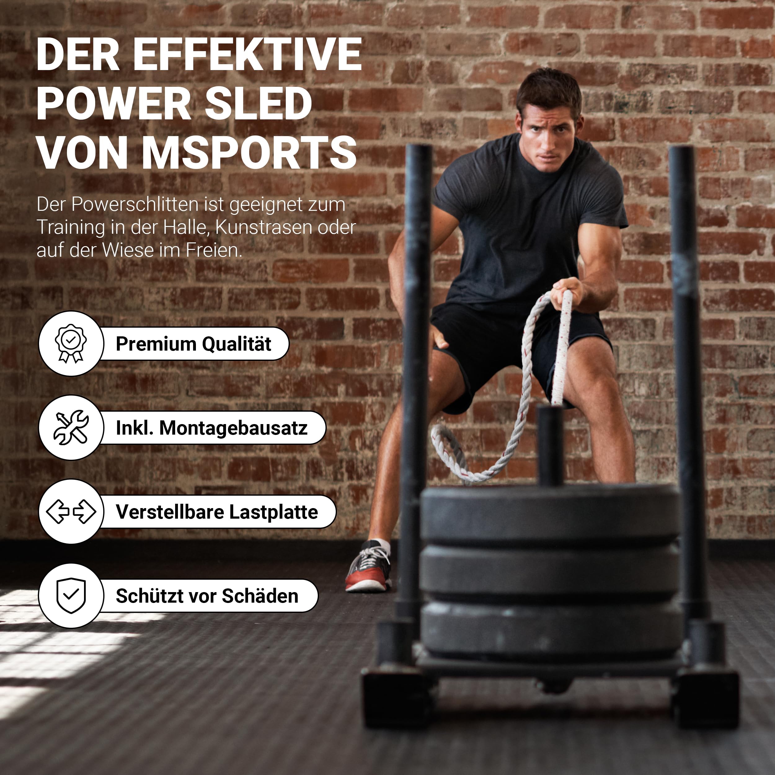 MSPORTS Gewichtsschlitten Premium - Power Sled, Powerschlitten, Sprint- und Zugschlitten, Schnellkrafttraining, Druck- und Zugübungen Schwarz