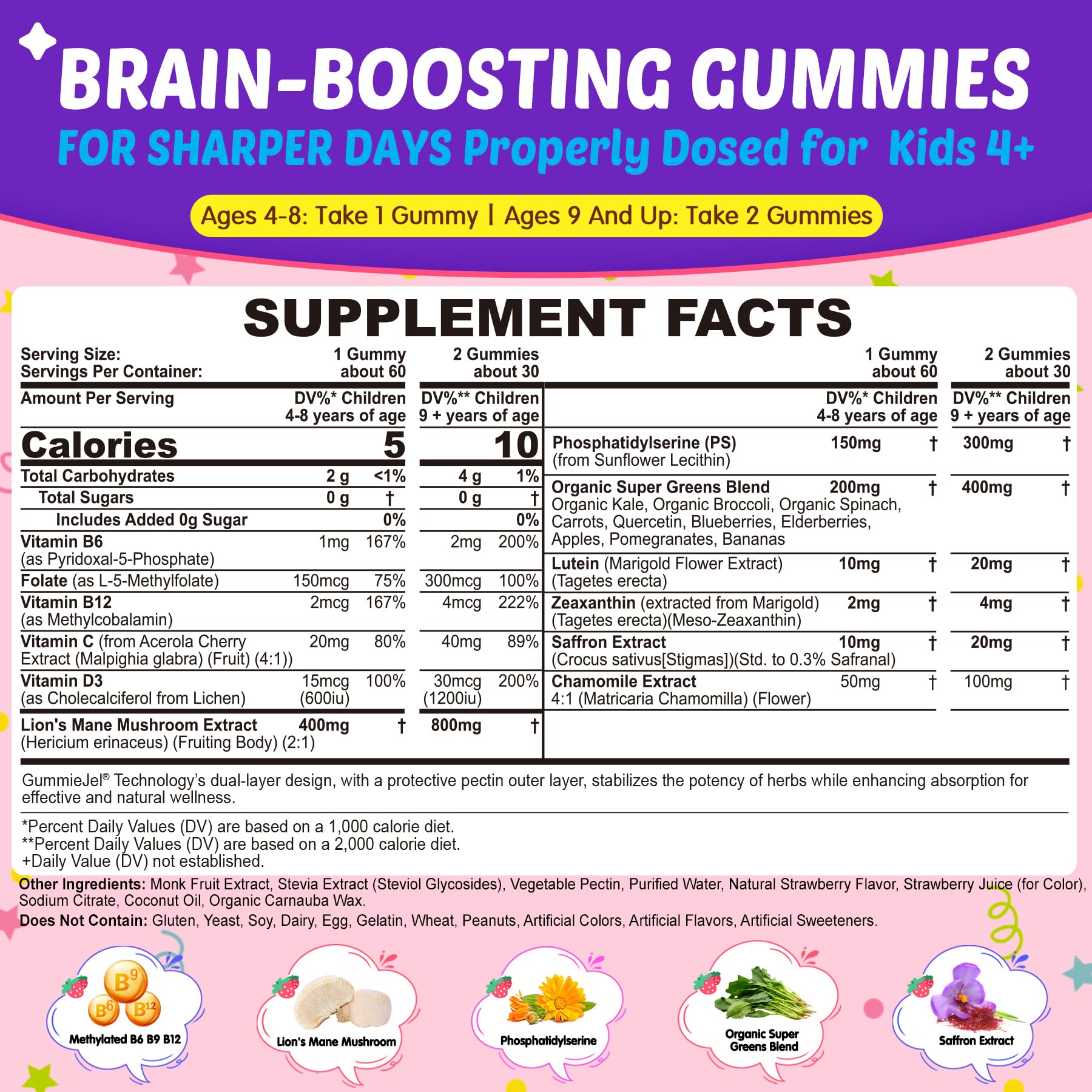 Kids Brain Gummies, Focus Supplement w/Lions Mane Mushroom, Brain Vitamins — Amazon image 2