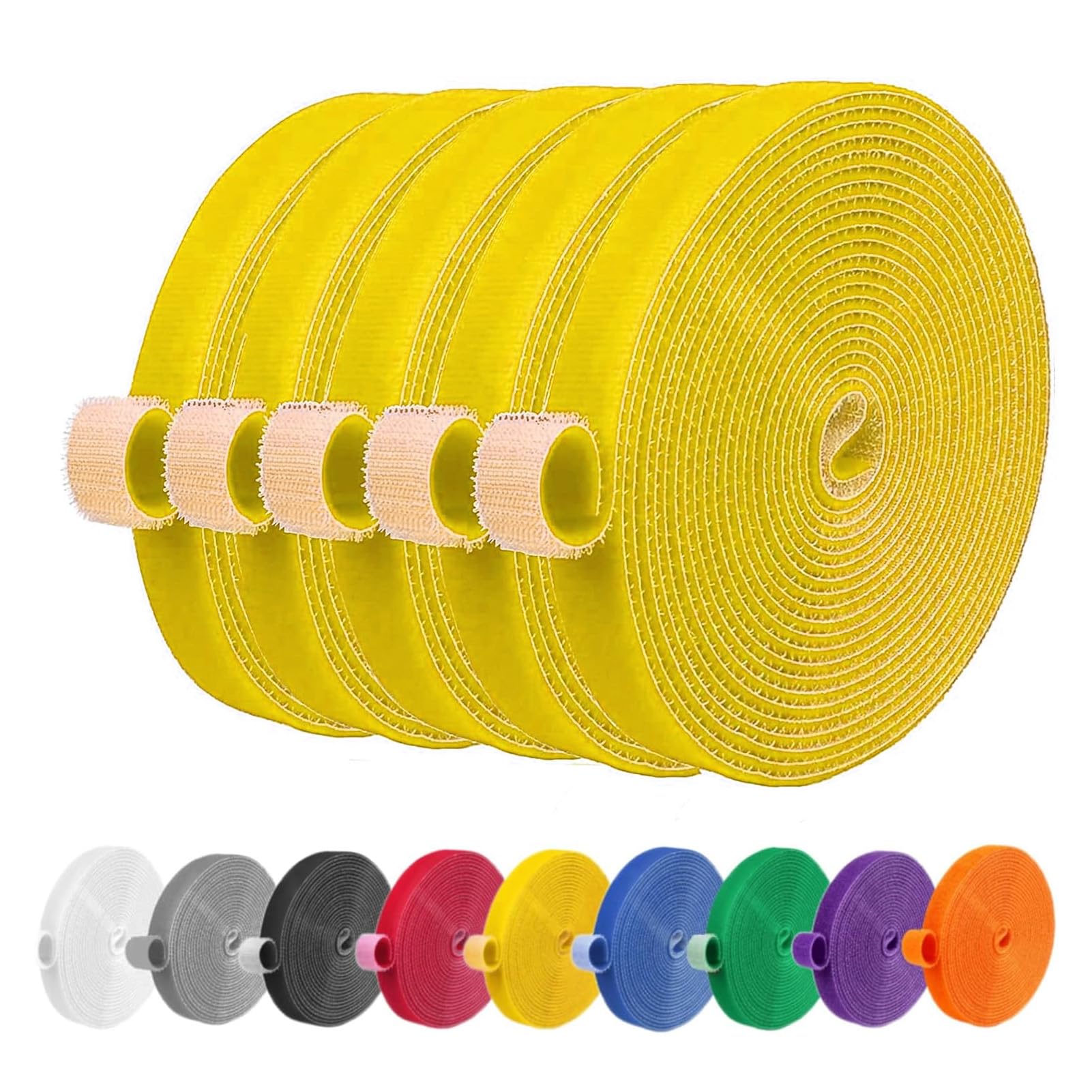 IFNOW 32FT Reusable Fastening Tape Cable Ties Double-Sided Hook-and-Loop Cable Management Tape Strength and Durability 0.4''/Width (5, Yellow)