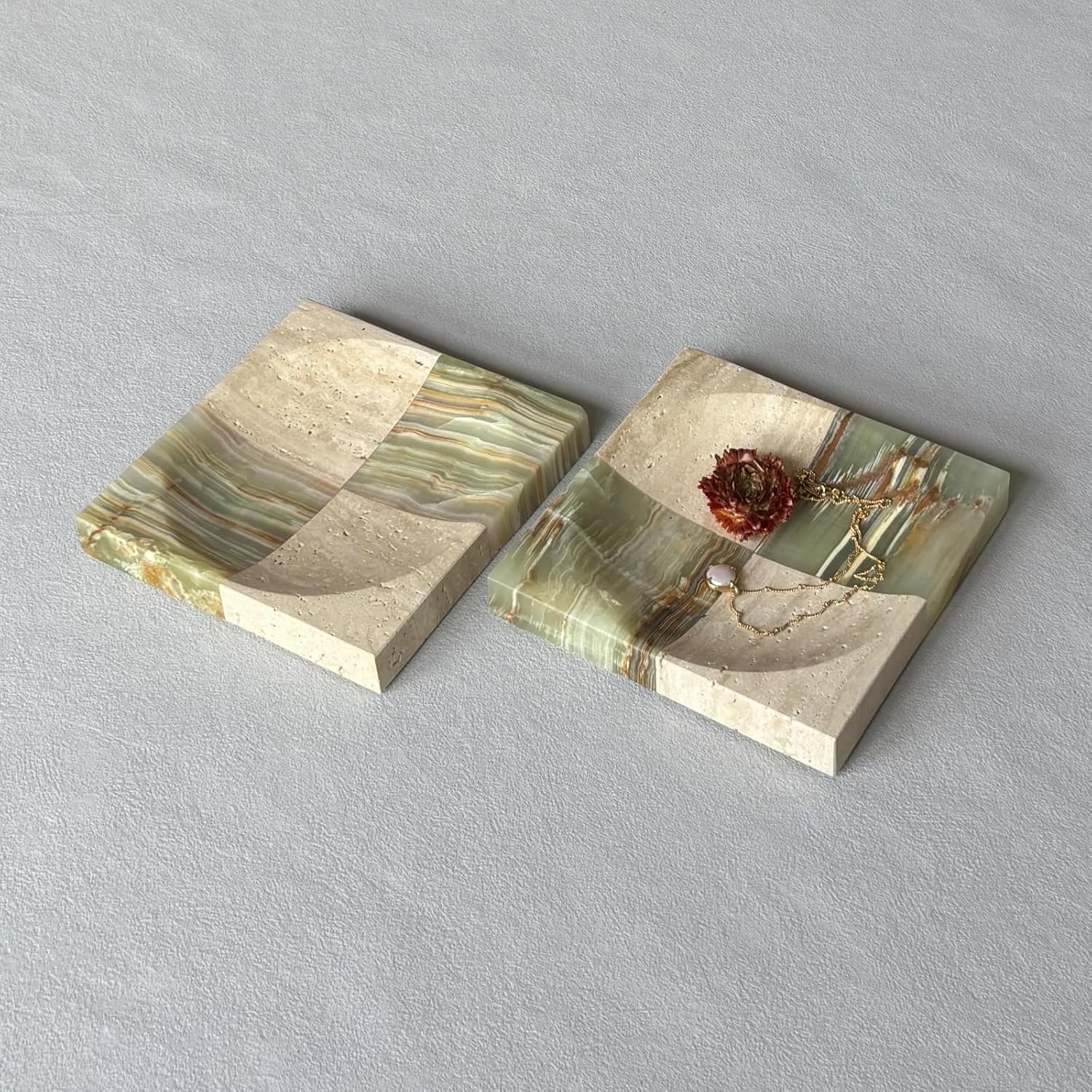 Square 5.9''x5.9''x0.8'' Vintage Small Plate Dish Natural Marble Jade Stone Storage Vanity Cosmetic Jewelry Organizer Trinket Tray (Travertine x Green Onyx)