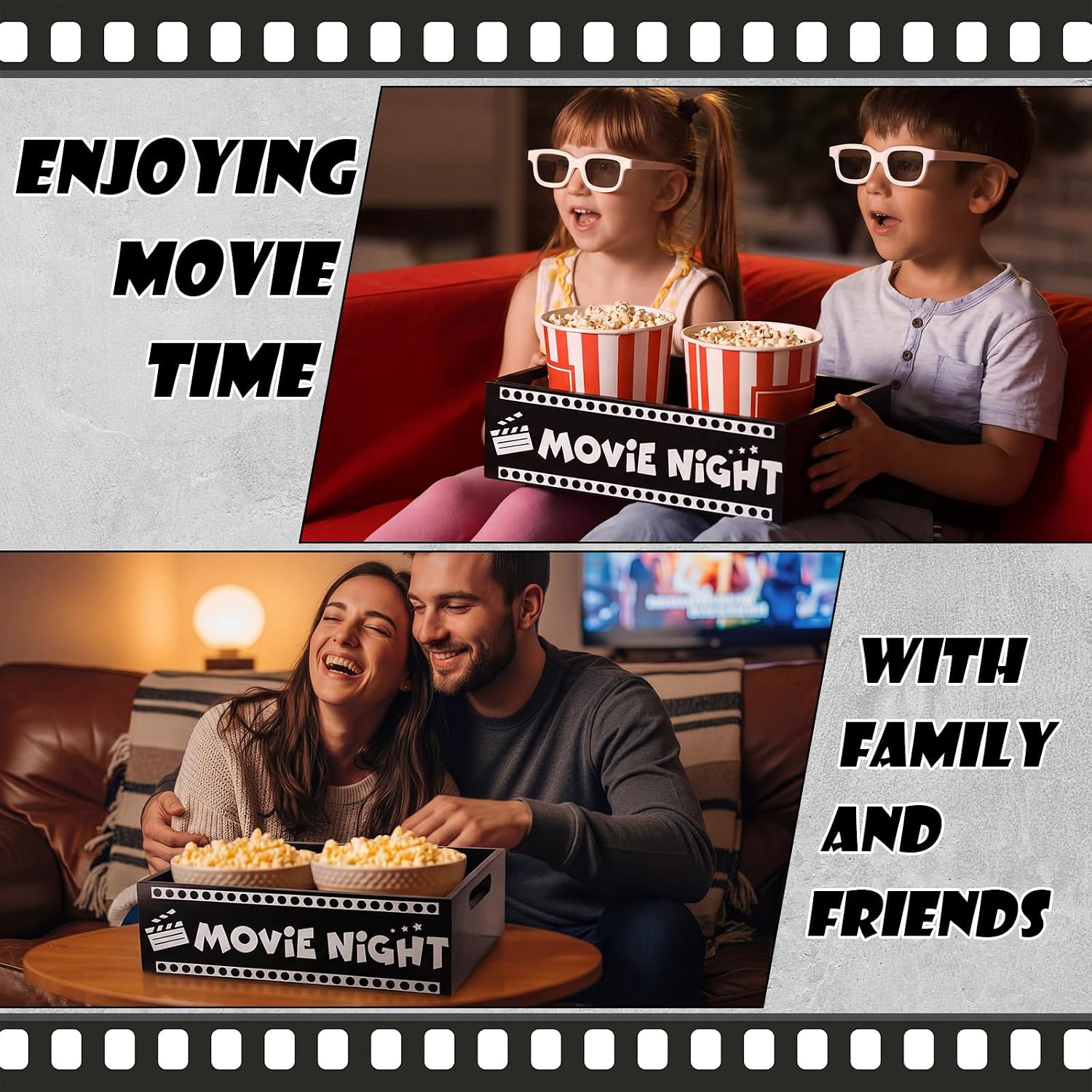 GlikCeil Movie Night Supplies Snack Trays with Handles Reusable Wooden Movie Gift Basket for Theater Popcorn Bucket Bowl Box Container Family Room Decor (Classic Style 1)