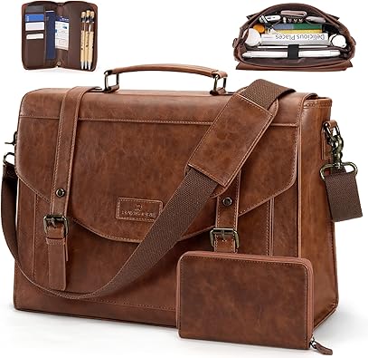 RAINSMORE Flap Messenger Bag for Men Vintage PU Leather Laptop Bag 15.6 Inch Retro Briefcase with Wallet Satchel Computer Bag