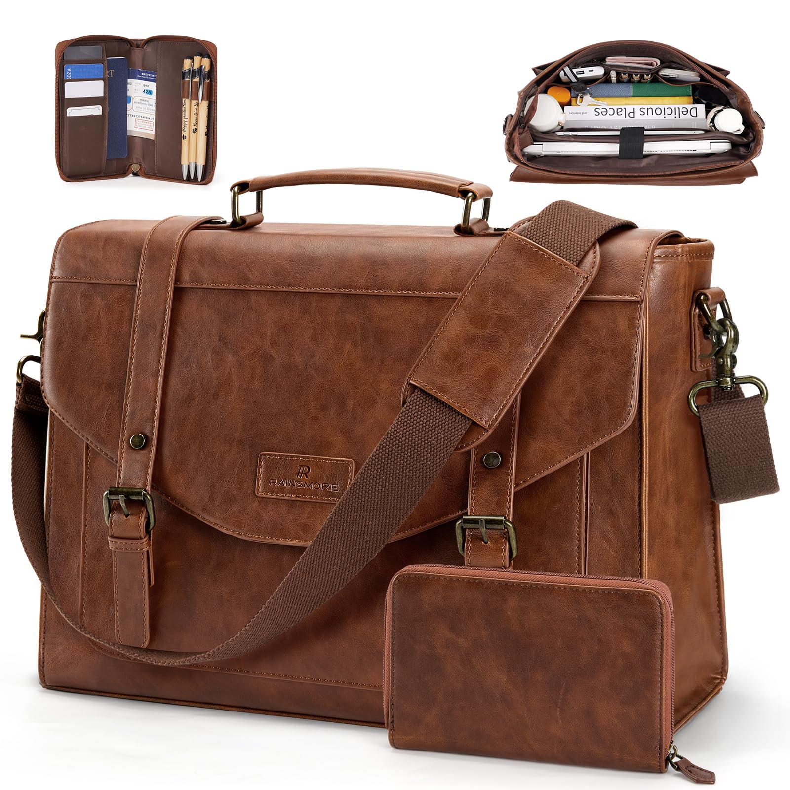 RAINSMORE Flap Messenger Bag for Men Vintage PU Leather Laptop Bag 15 6 Inch Retro Briefcase with Wallet
