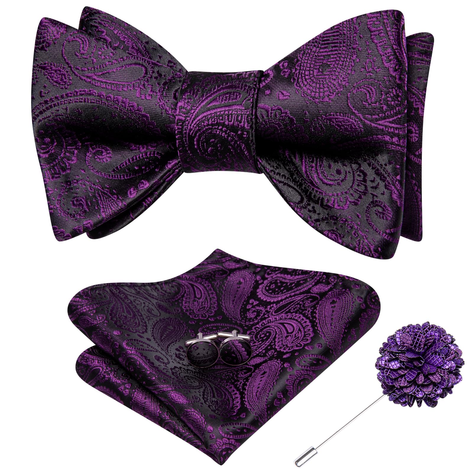 Dubulle Self Tie Bow Ties for Men Silk Paisley Bowtie Lapel Pin Set