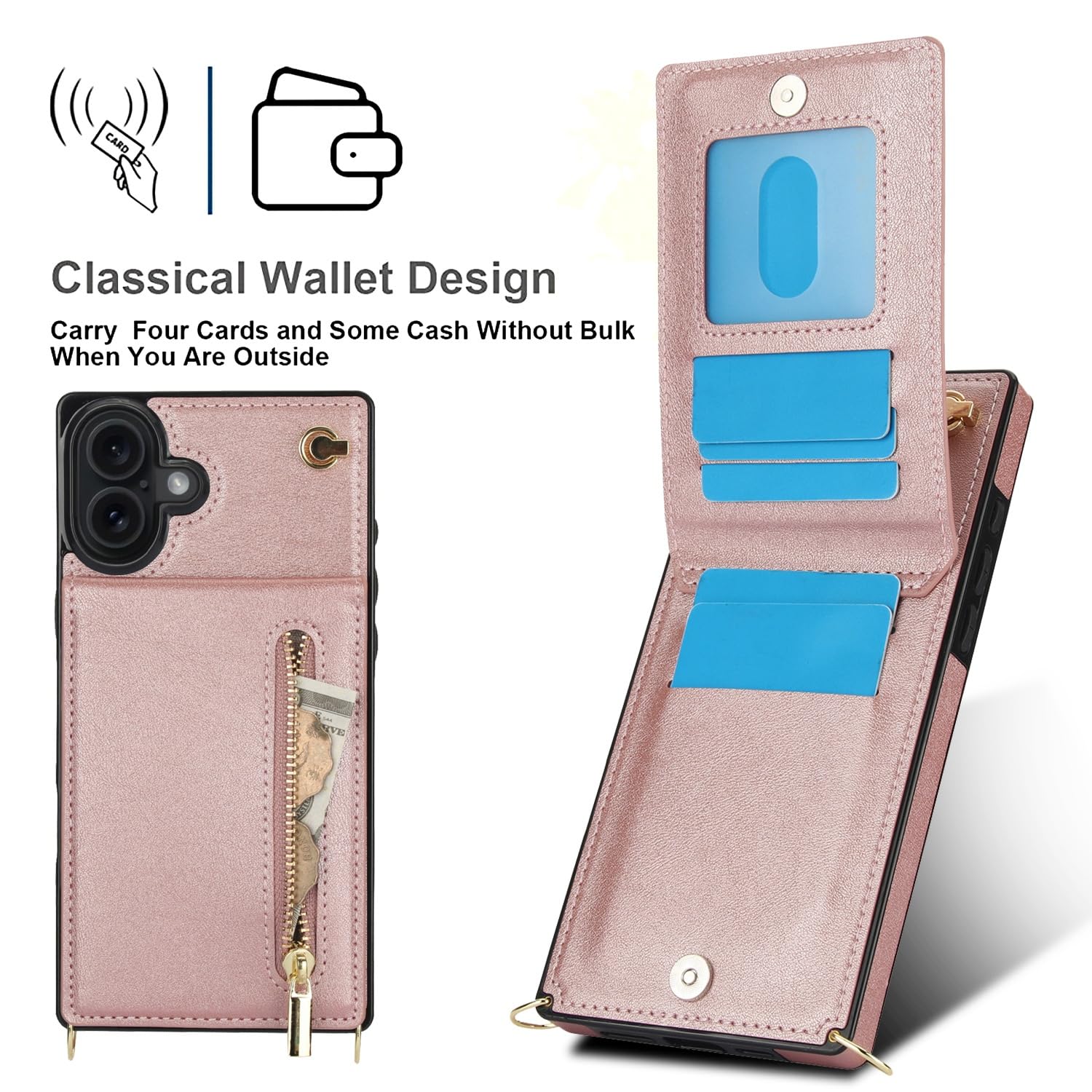 Etui ze smyczką na telefon komórkowy iPhone 16, ze skóry poliuretanowej (PU), z przegródką na karty, stojakiem, etui z klapką, etui damskie, etui na telefon komórkowy Apple 16. Crossbody