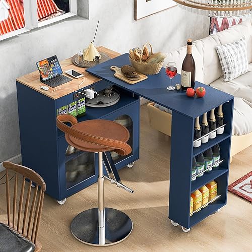 LUMISOL Kitchen Island on Wheels with Extended Table, Rolling Kitchen Cart with Power Outlets & LED Lights, Side Table with 3 Open Shelves and 2 Fluted Glass Doors, Navy