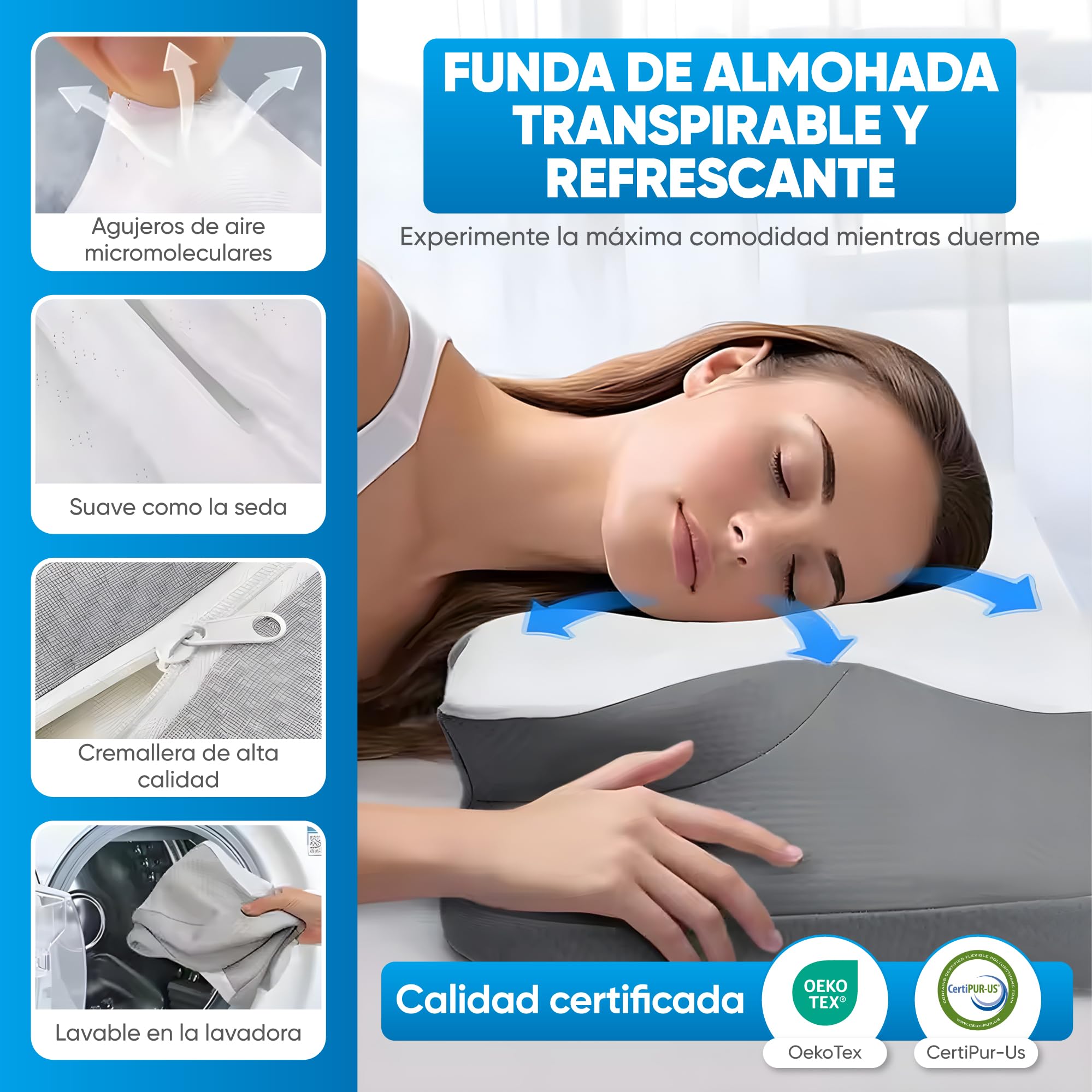 Almohada Cervicales y Cuello – Almohada Antiarrugas -Almohada Ergonómica para Dormir de Lado, Boca Arriba o Boca Abajo- Almohada Antirronquidos-Almohada Ortopédica para Mejor Descanso