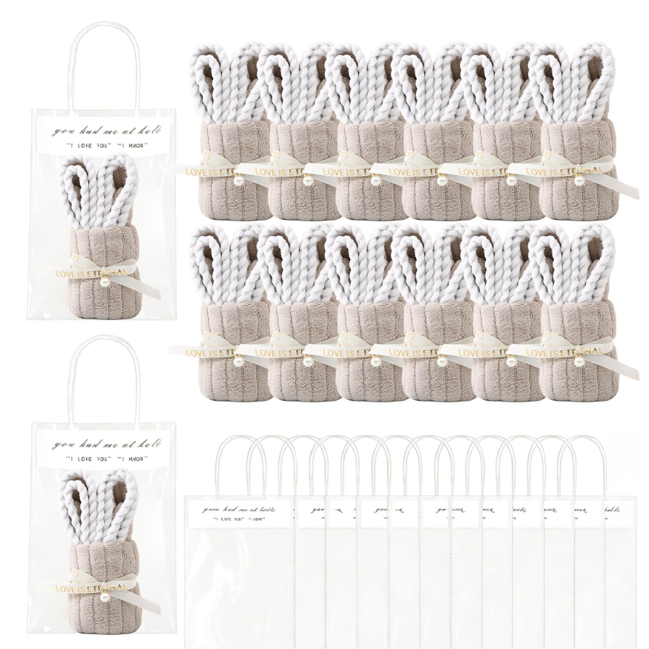 Pineeseatile 12 Set Bunny Baby Shower Favors Coral Fleece Bunny Towels with Present Bag for Guests, 10x20 Inch, Brown, Baby Shower Favors For Guests