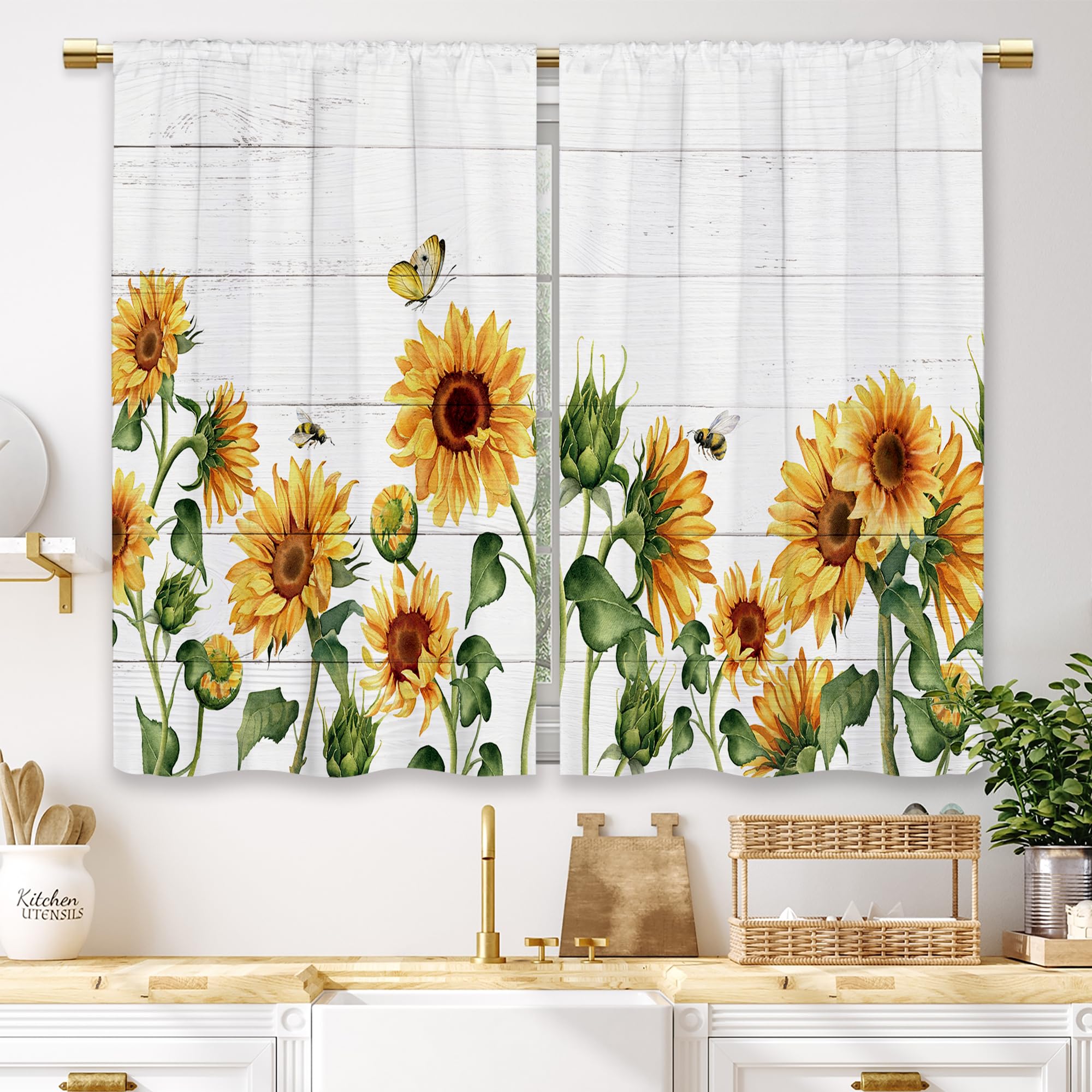 Laifzere Farmhouse Sunflower Kitchen Curtains Yellow Floral Flower Country Rustic Small Short Cafe Window Curtains Country Plant Rod Pocket Bathroom