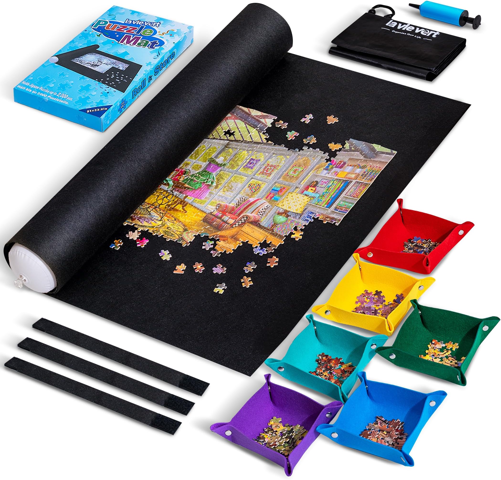 Lavievert Jigsaw Puzzle Mat Roll Up 6 Color Sorting Tray Storage and Transport Puzzles Up to 2000 Pieces Portable Puzzle Board Saver Keeper with Storage Bag & Hand Pump for Adults