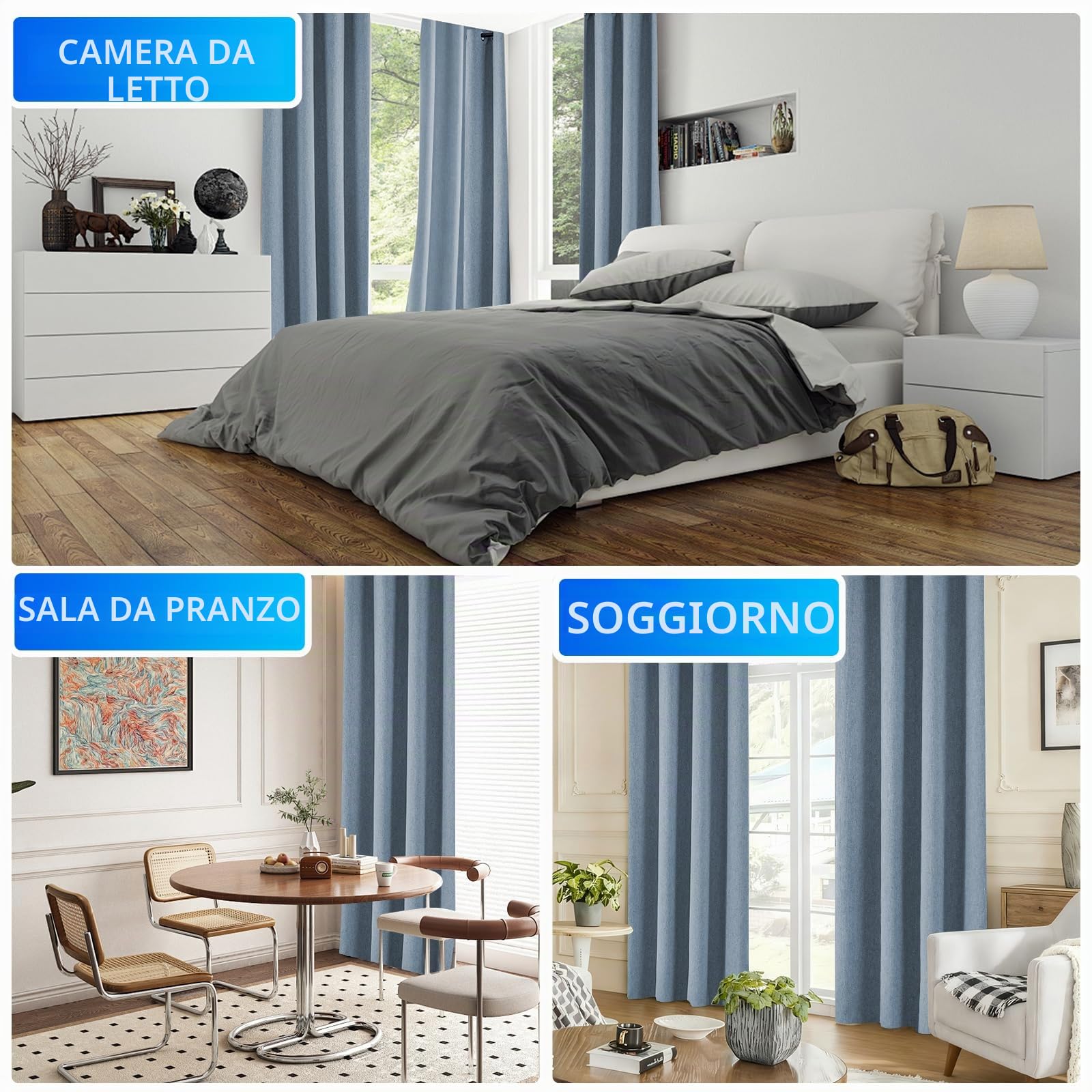 Tende Per Interni Finto Lino 2 Pezzi, 140x280cm, Tenda Termica Isolante Freddo E Caldo Moderne, Tende Oscuranti, Tenda Oscurante Da Interno Con Anelli, Per Soggiorno Camera, Blu