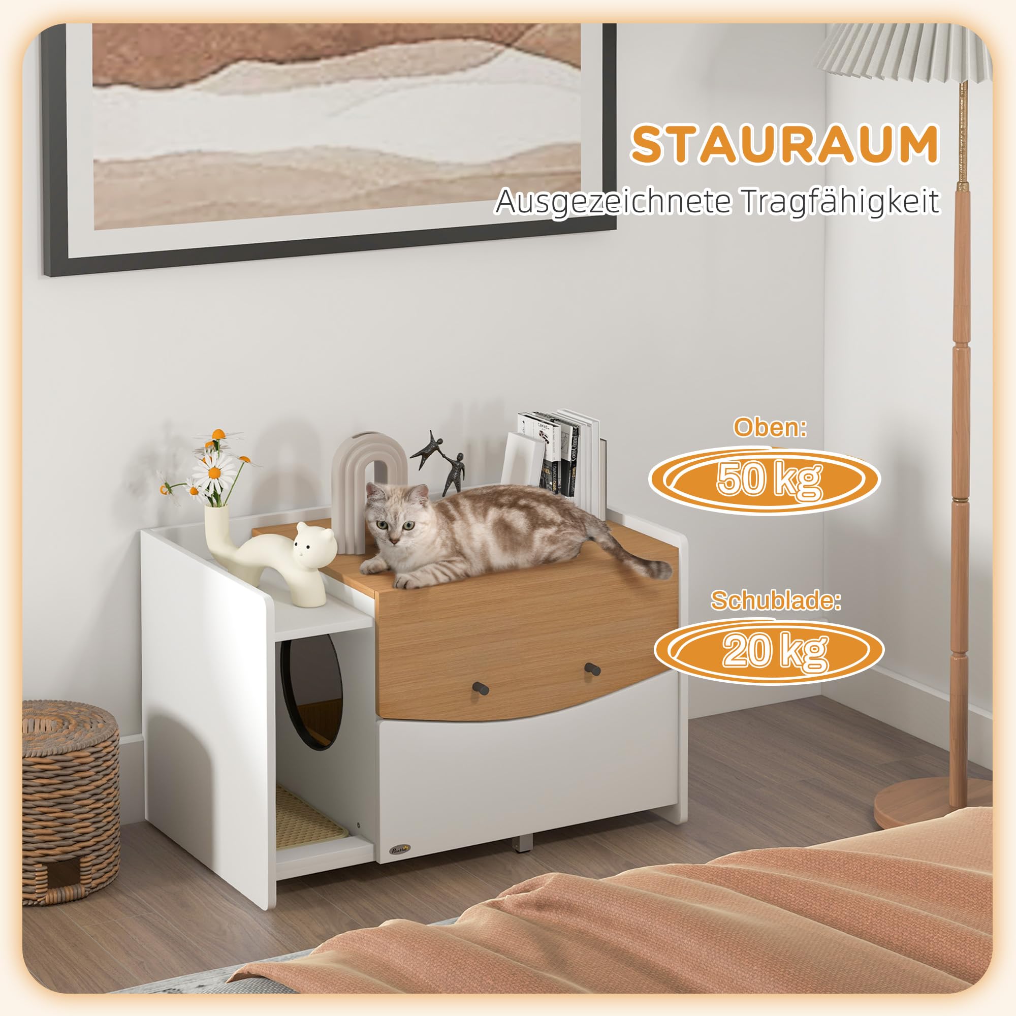 PawHut armadietto per gatti per lettiera, armadietto per lettiera con mobile estraibile, tappetino per la raccolta della lettiera, casetta per gatti da interno, 78 x 50 x 51 cm, rovere | Armadietto per gatti, lettiera nascosta con armadio estraibile, tapp