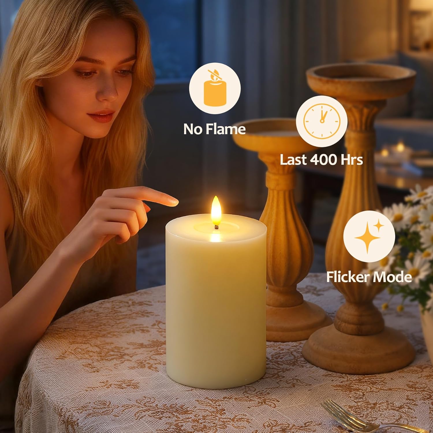 Flameless Real Wax 4" x8" Ivory Timer Remote Pillar Candle Grease Design, Battery Operated Long Lasting 3D Wick LED Flickering Pack of 2 Fake Candles Warm Light