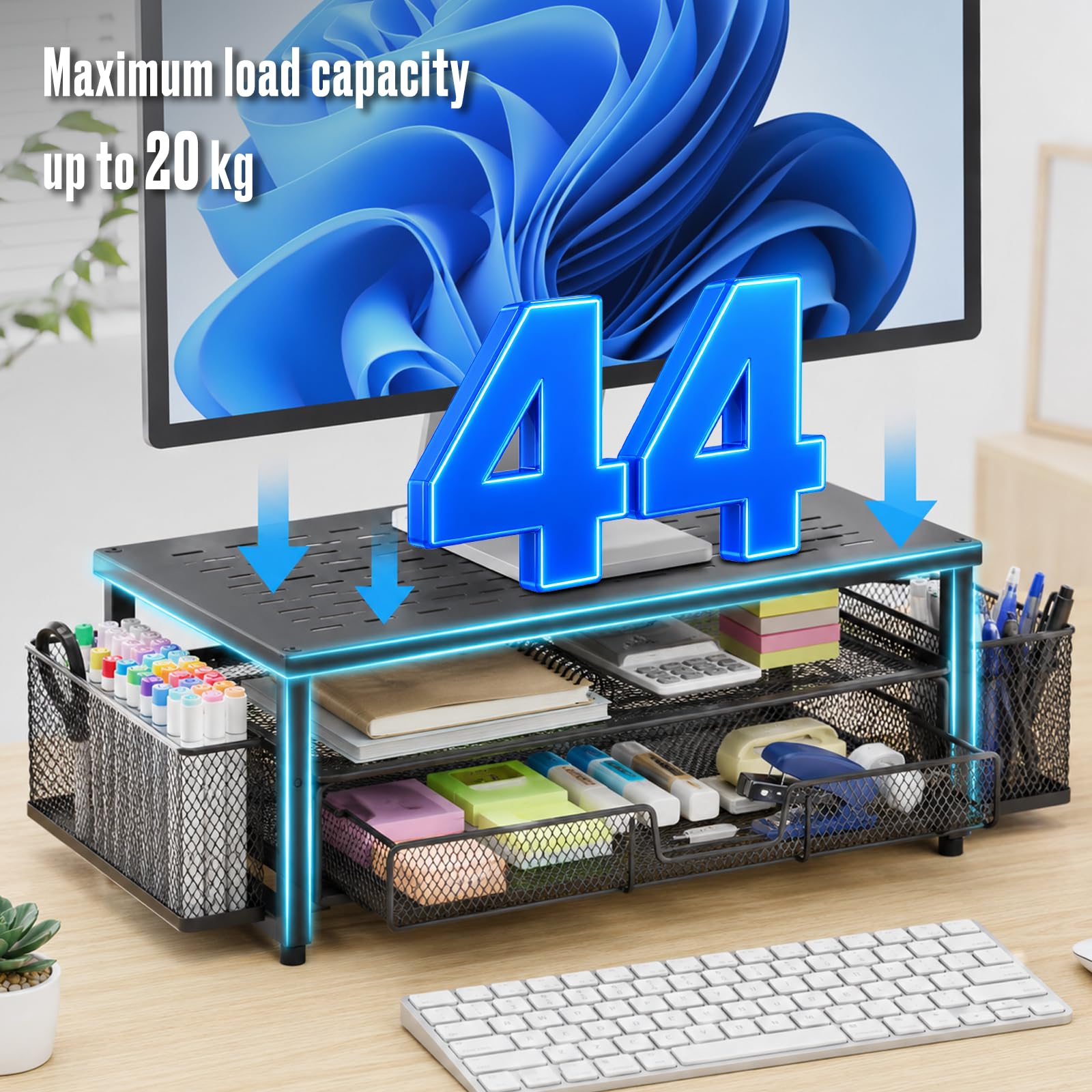 Supporto per monitor con cassetto | Supporto per monitor, per computer, laptop, PC, stampante, portata massima 20 kg, nero