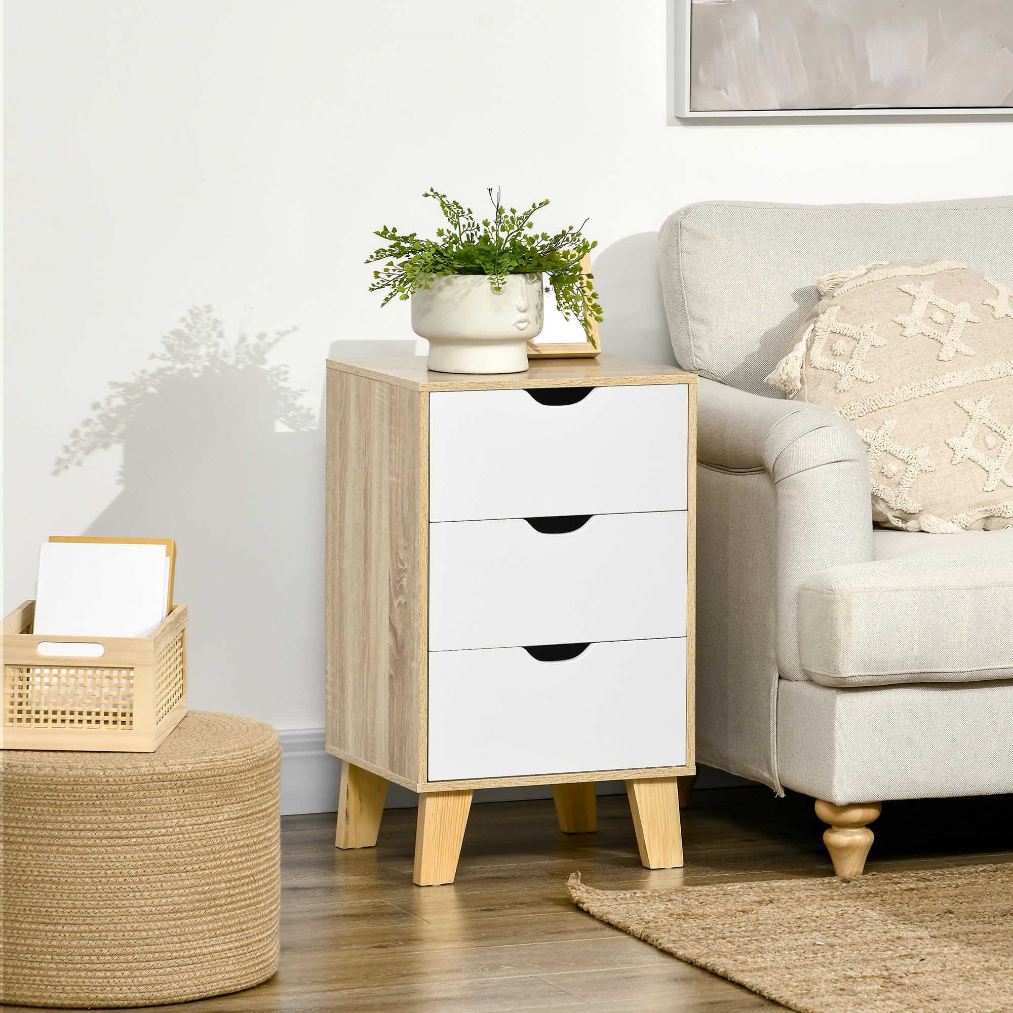 HOMCOM Cómoda con 3 Cajones Base Elevada 40x35x68,5 cm Natural y Blanco