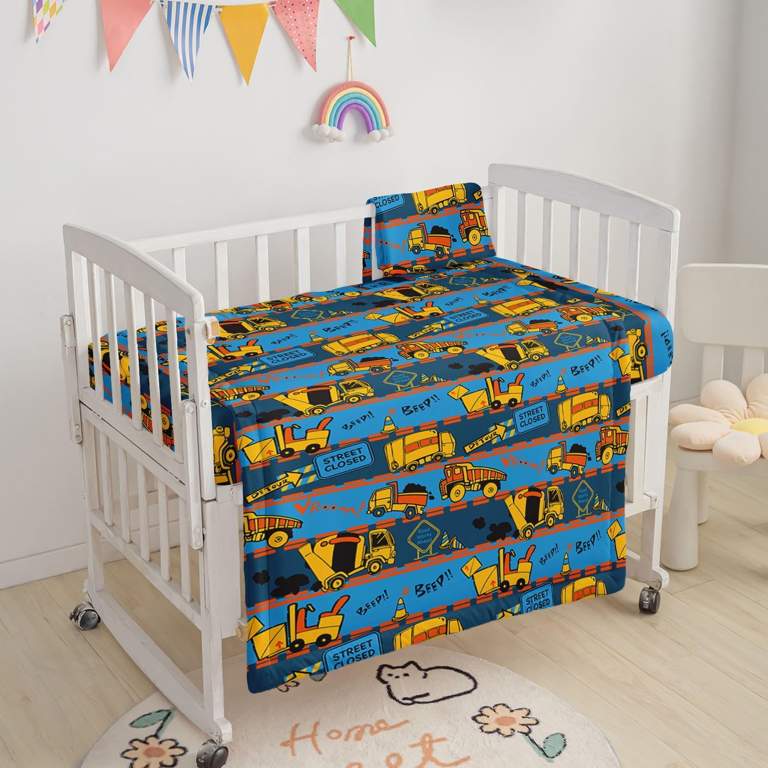 Crib Bedding Set,3pcs Nursery Cartoon Truck Printed Crib Bedding Set,with Comforter Sheet & Skirt for Baby Boys and Girls(Truck)