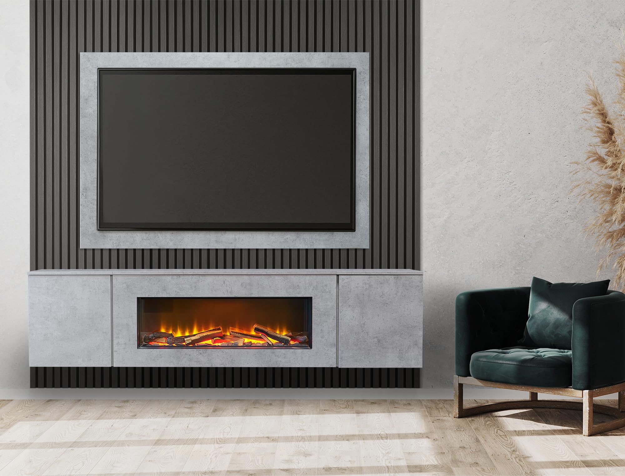 Acantha Orion XO Electric Floating Media Wall Suite in Concrete Effect with TV Board & Charcoal Oak Wall Panels