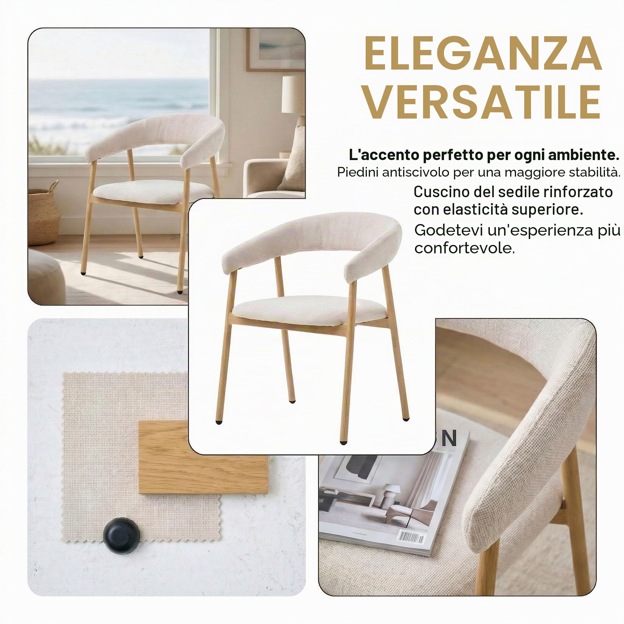 Sedie da pranzo Set di 2 ergonomiche colore beige-rovere | Bracciolo ergonomico e gambe curve in metallo con venature del legno, sedia da soggiorno