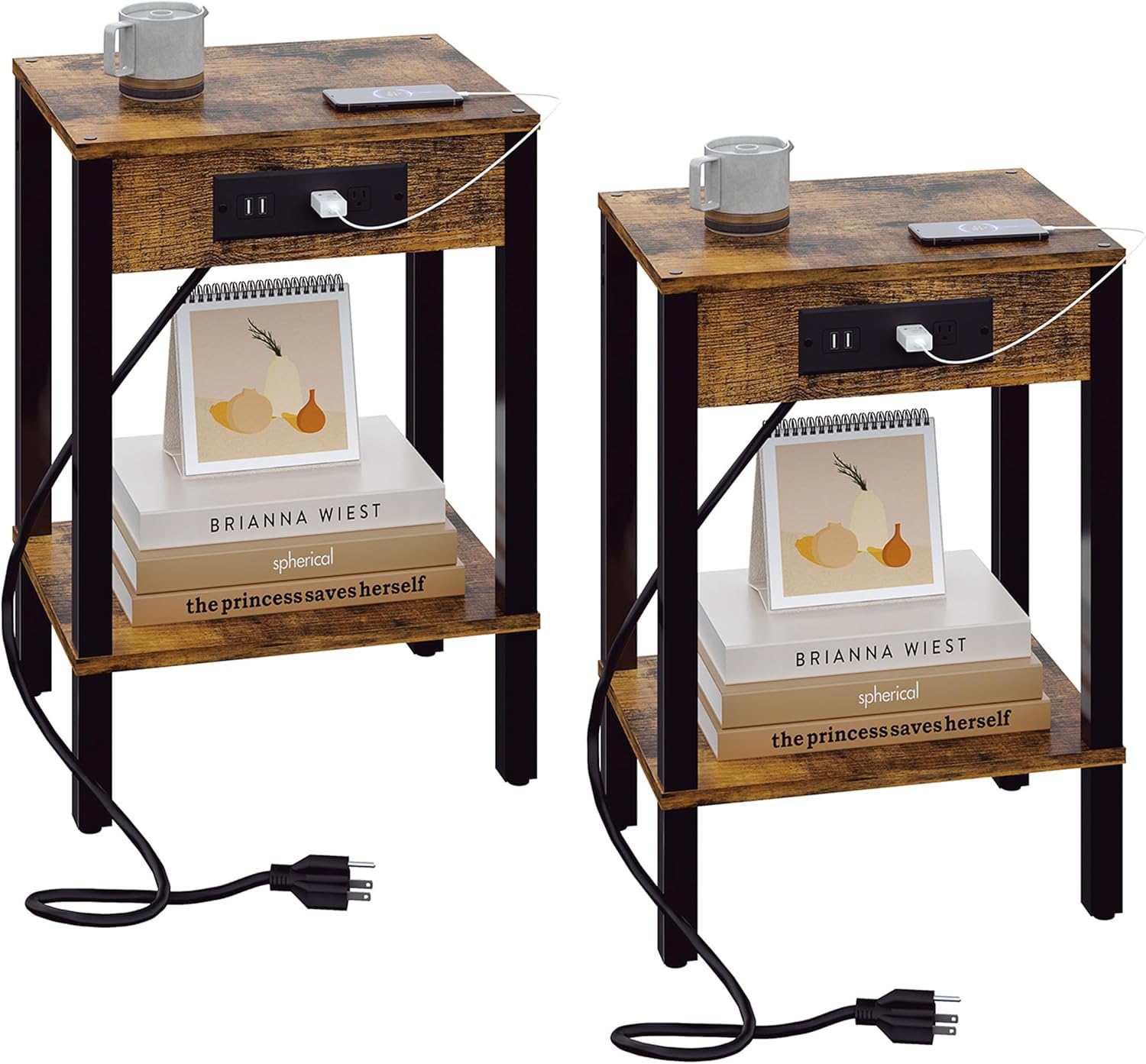 End Table with Charging Station, Sofa Side Table Set of 2, 2-Tier Storage Shelf for Small Space, Nightstands for Living Room Bedroom Bedside Tables Rustic Brown MLBZ14RE-2