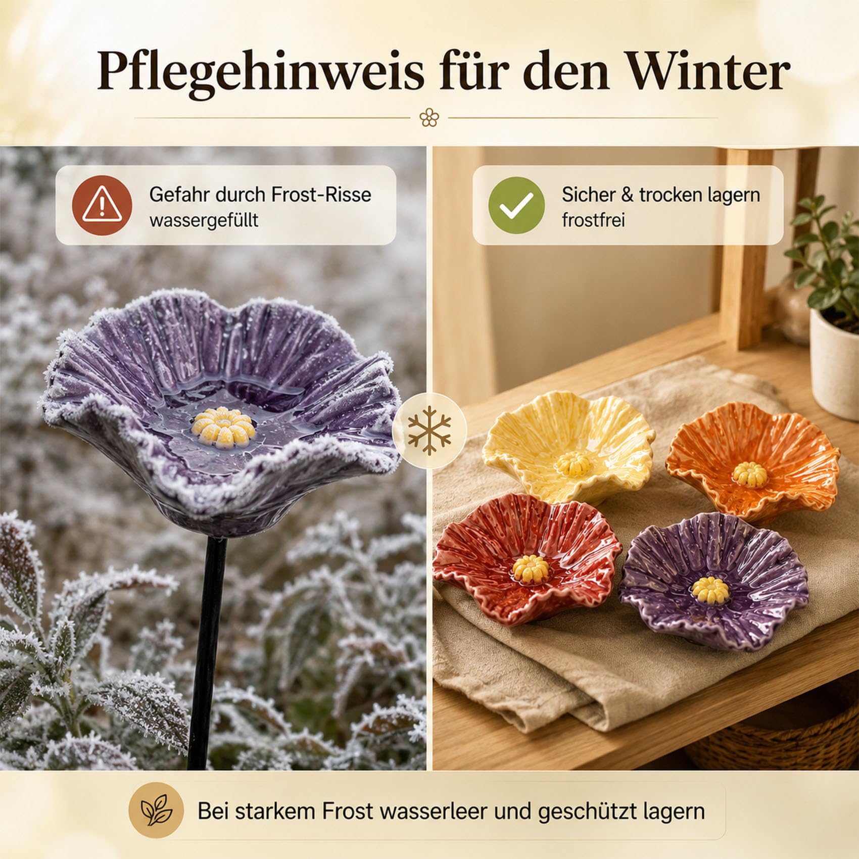 Bienentränke Keramik Blume 4/8/12 Stück, Bienenblüten Keramik als Insektentränke mit Stab, 27 cm Gartenstecker wetterfest für Garten, Balkon, Blumentopf & Deko (4 Blüten)