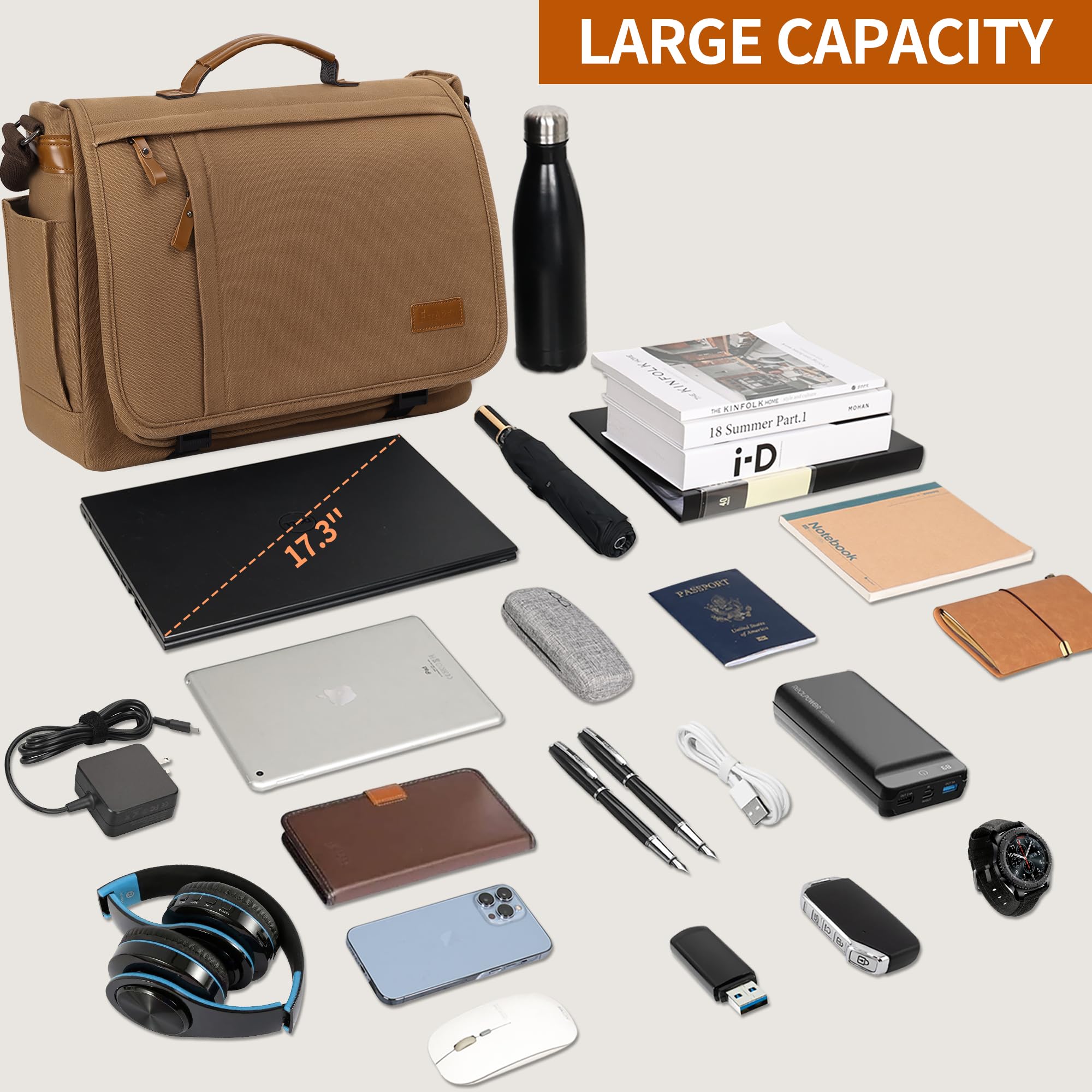 Estarer 15.6-17.3 Inch Laptop Messenger Bag for Work School,Mens Water Resistant Canvas Crossbody Shoulder Bag