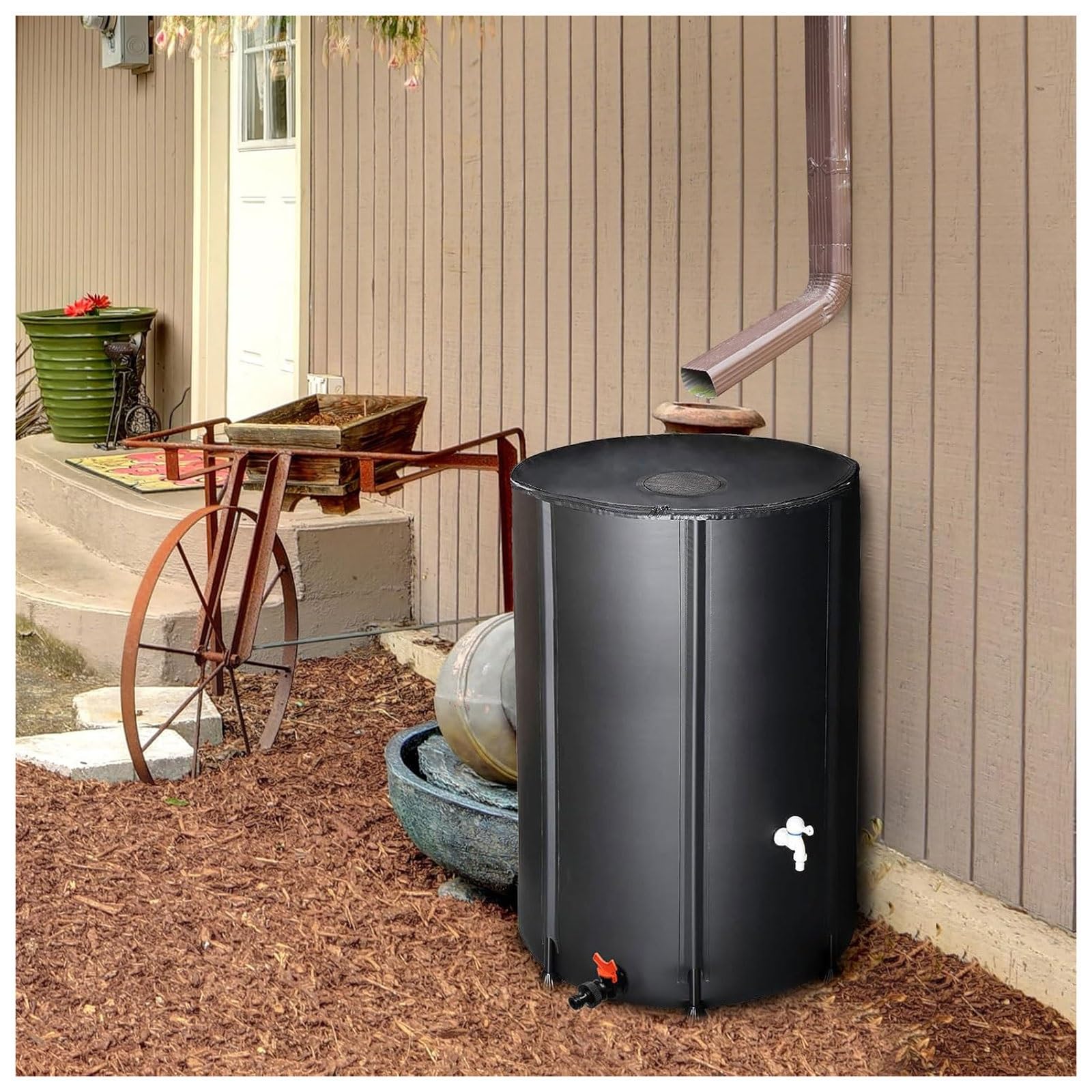 Colector de agua de lluvia plegable, sistema de recogida de barril de lluvia portátil con parte superior de malla, bajante plegable con soporte, grifo y cubierta de cremallera, almacenamiento de agua