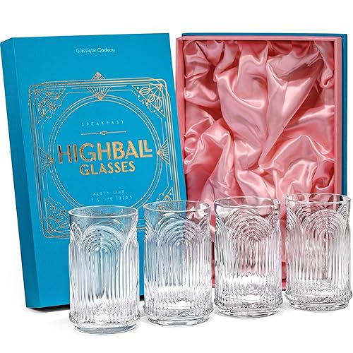 Vintage Art Deco 1920s Highball Cocktail Glasses | Set of 4 | 14 oz Tall Crystal Tumblers for Drinking Mojito, Whiskey Highball, Gin Rickey, Classic Long Bar Drinks | Large Hiball Glassware