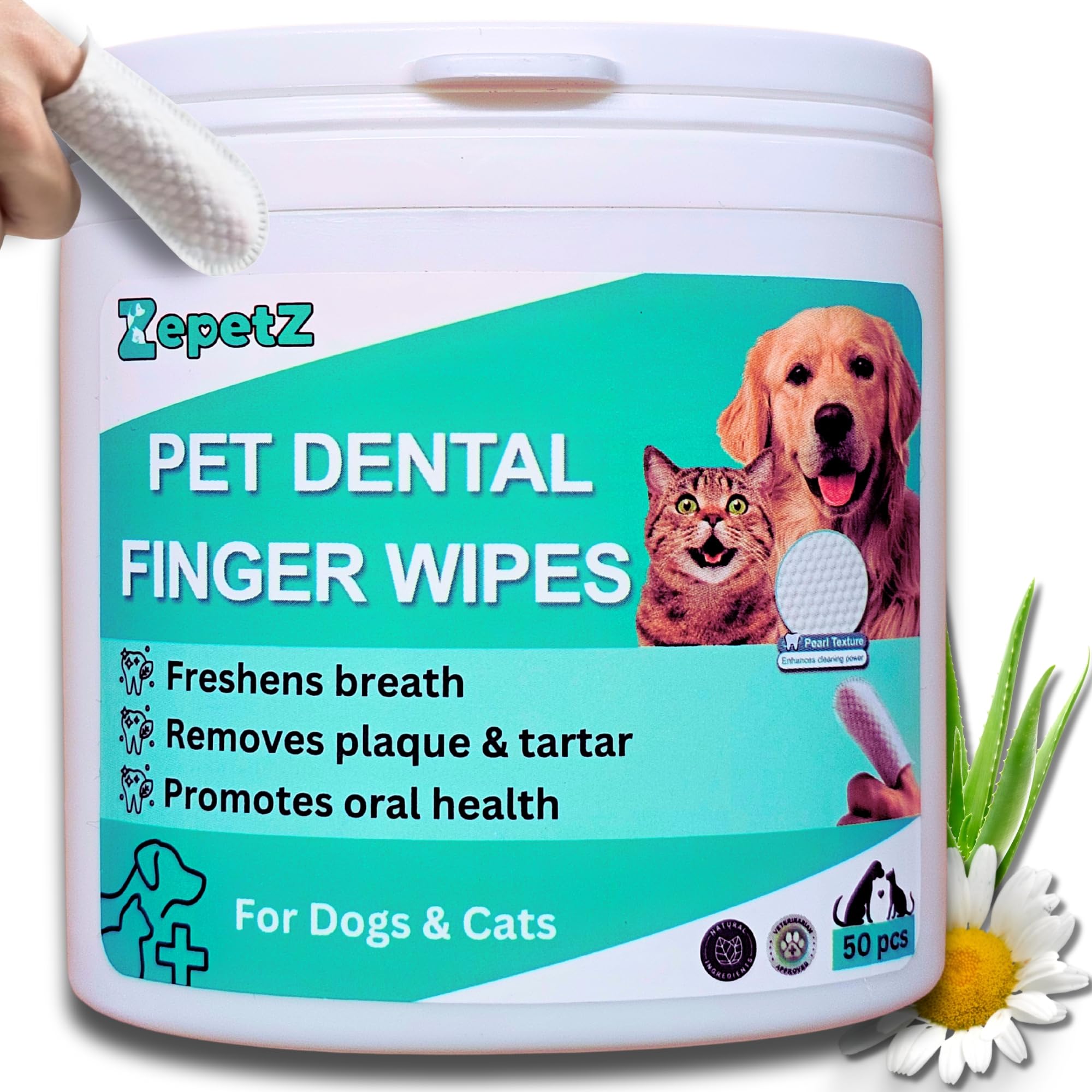 ZepetZ Pet Dental Care Finger Wipes for Dogs & Cats – Dog Teeth Cleaning Wipes Reduce Plaque, Freshen Breath & Support Gum Health – Disposable, Pearl-Textured Toothbrush Alternative (50 PCS)
