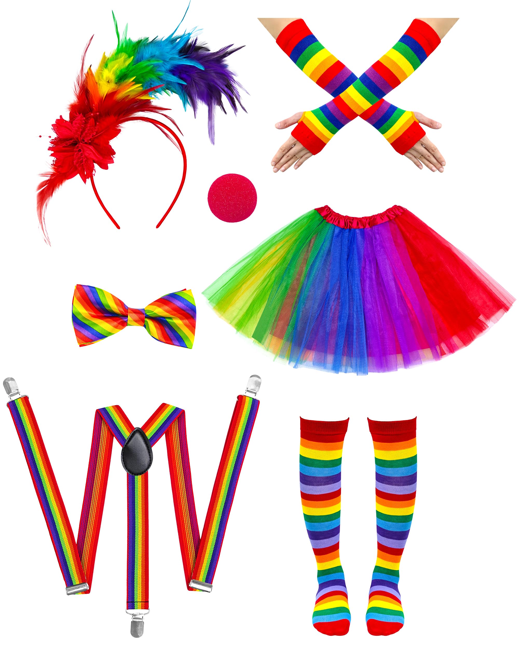 Yezmo 7 PCS Clown Costume Set for Women Feathers Headband Gloves Socks Rainbow Tutu Skirt Y Back Adjustable Suspender Bowtie Nose