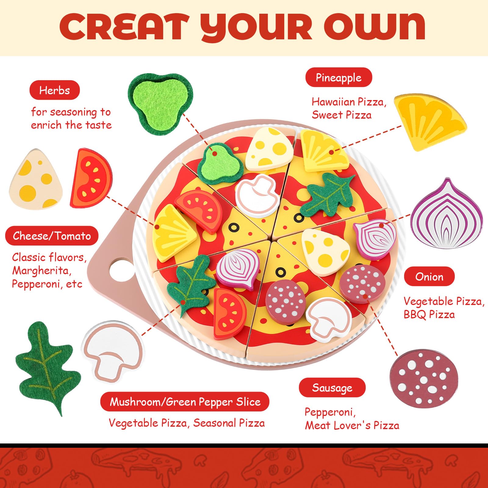 GAGAKU Set per pizza in legno - 27 pezzi Accessori da cucina per bambini 3-8 Giocattolo da cucina per pizza in legno Gioco di ruolo educativo