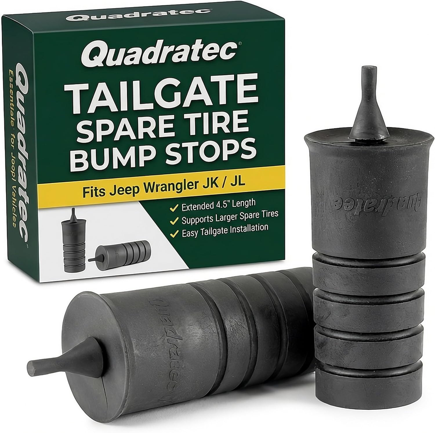 Quadratec Tailgate Spare Tire Bump Stop Kit - Fits Jeep Wrangler JK & JL 2007-2026 - Trim-to-Fit Spare Tire Stabilizer for Oversize Tires, Reduces Tailgate Rattle, Vibration & Wobble, 4.5-Inch Black