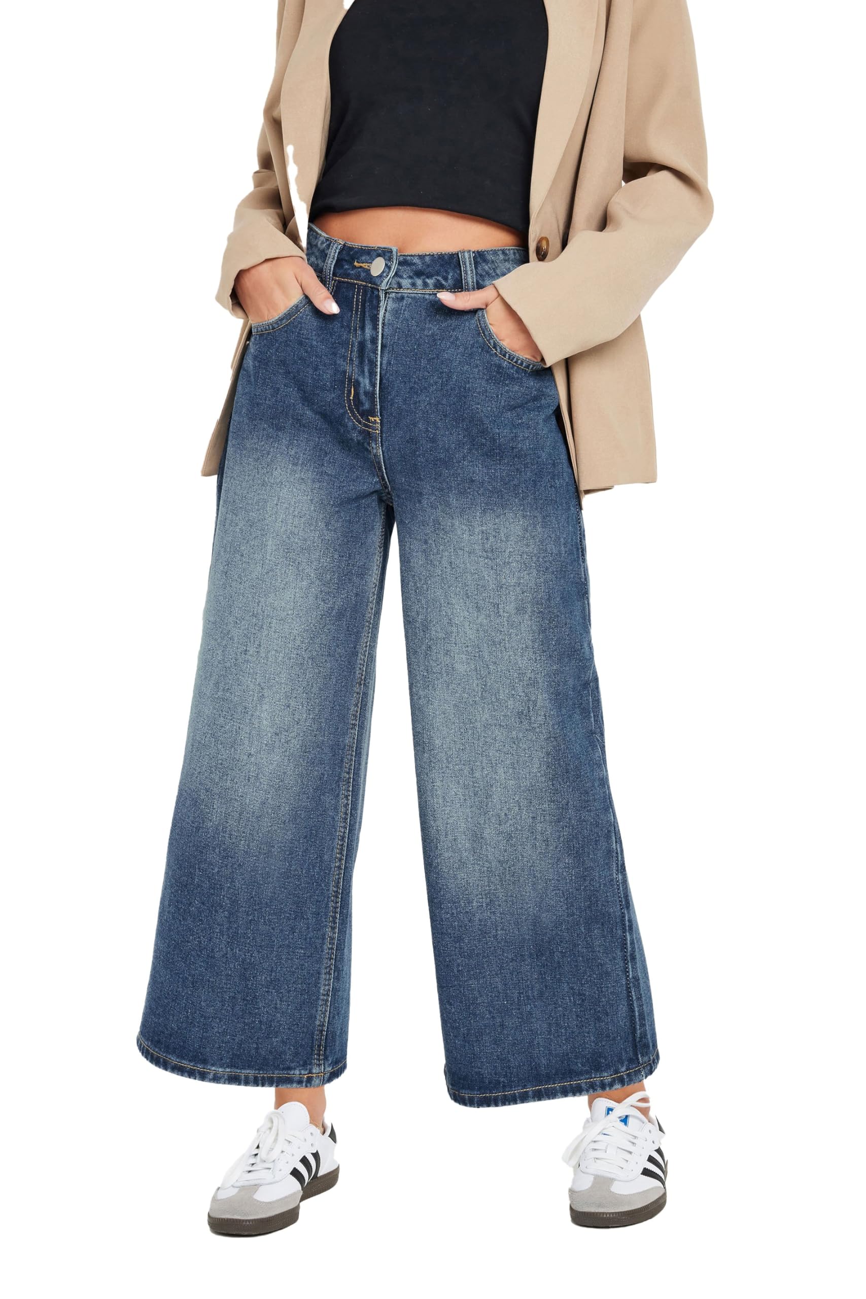 Pixiegirl Women's Blue Petite Mid Washed Cropped Cotton Wide Leg Jean Petite