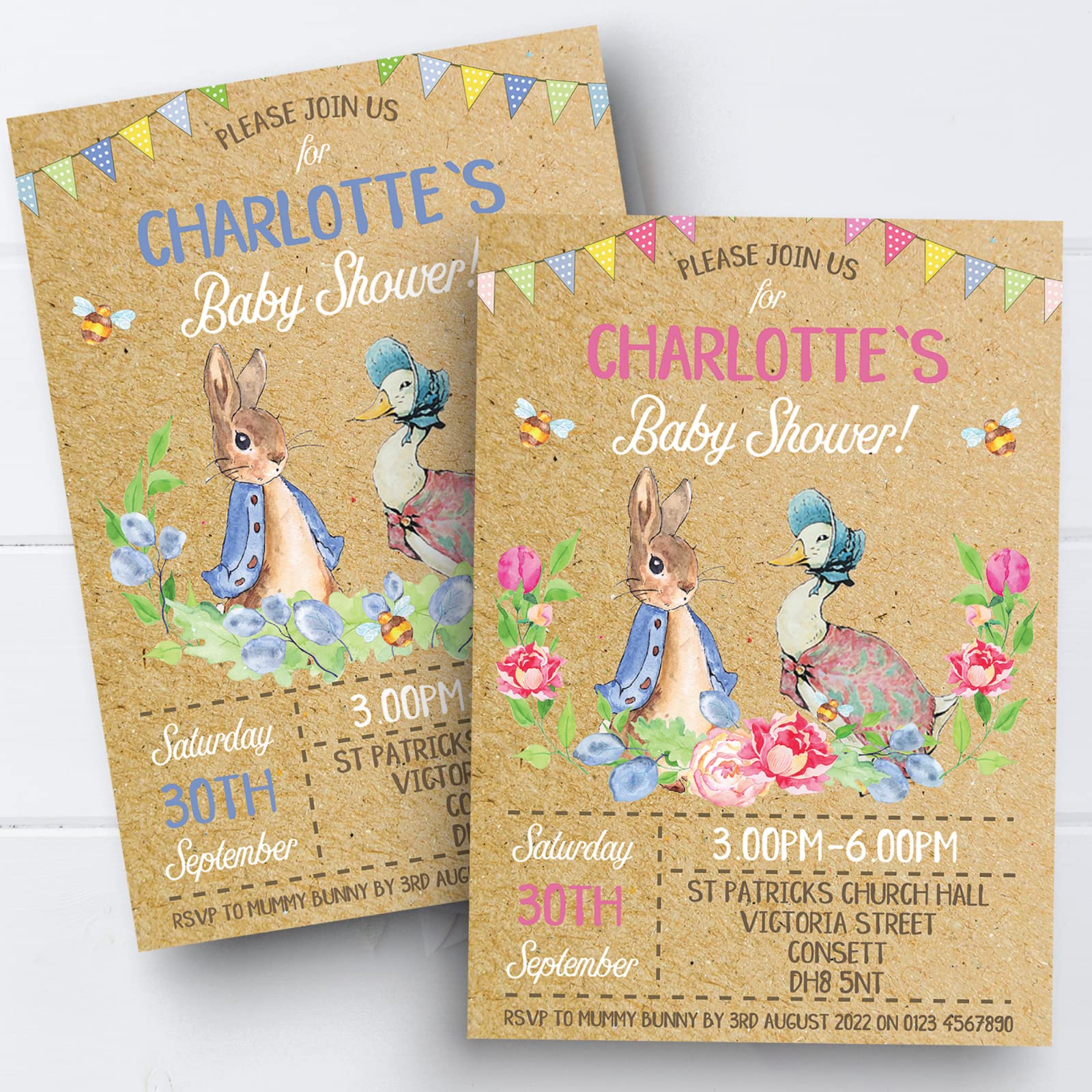 Personal Moments 10 Personalised Peter Rabbit Jemima Puddleduck Baby Shower Invitations Invites