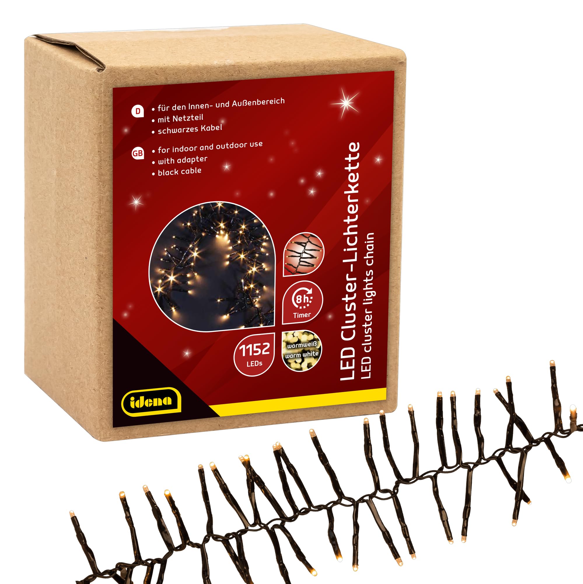 Idena 31898 - Catena luminosa a LED con 1152 LED bianco caldo, lunghezza circa 28 m, per esterni e interni, con timer da 8 ore e trasformatore, come decorazione per feste e decorazione natalizia