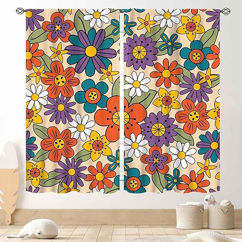 Miniatura 6 de Cortinas de cocina florales retro de los años 70 para ventana, diseño de flores naranjas hippie, estéticas, bohemias, opacas, pequeñas, cortas, para