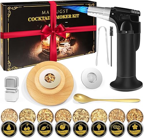 Kit de ahumador de whisky con antorcha, kit de ahumador de cóctel, kit de ahumador de bebidas a la antigua, chips de madera de 8 sabores, regalos de